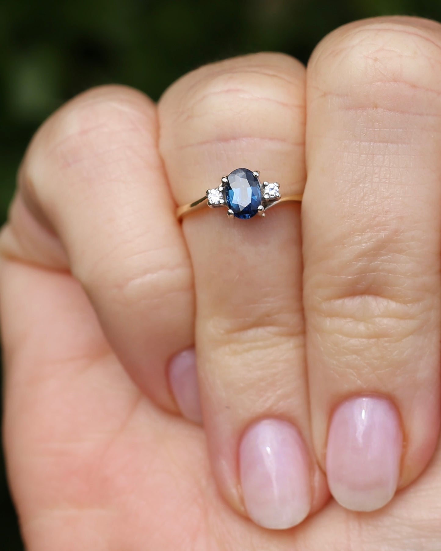Vintage Natural Sapphire and Diamond Trilogy, 9ct Yellow and White Gold, size J or 4.75