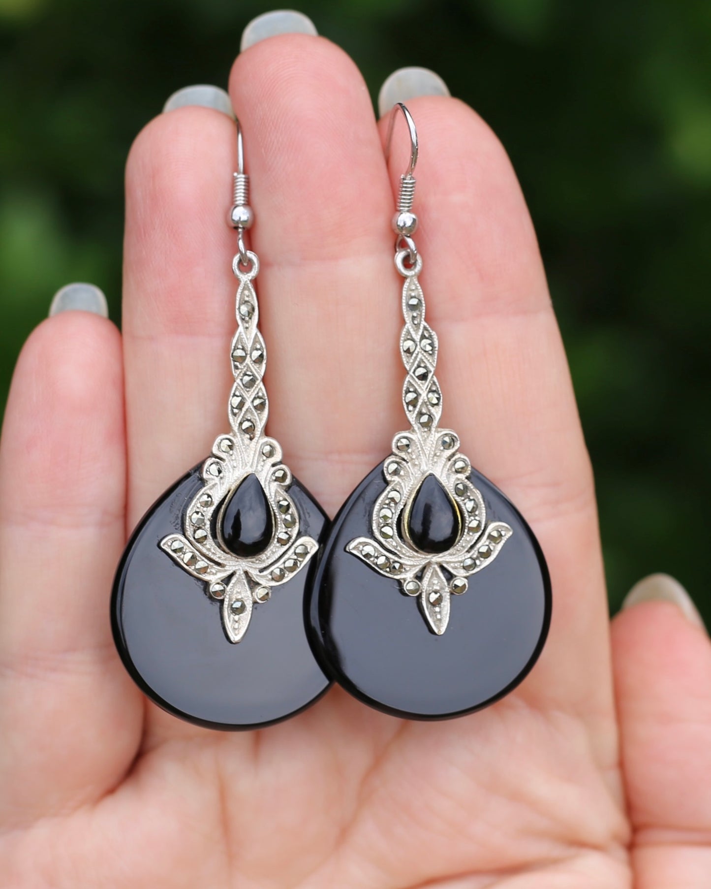 Vintage Onyx and Marcasite Silver Earrings, 13.8g