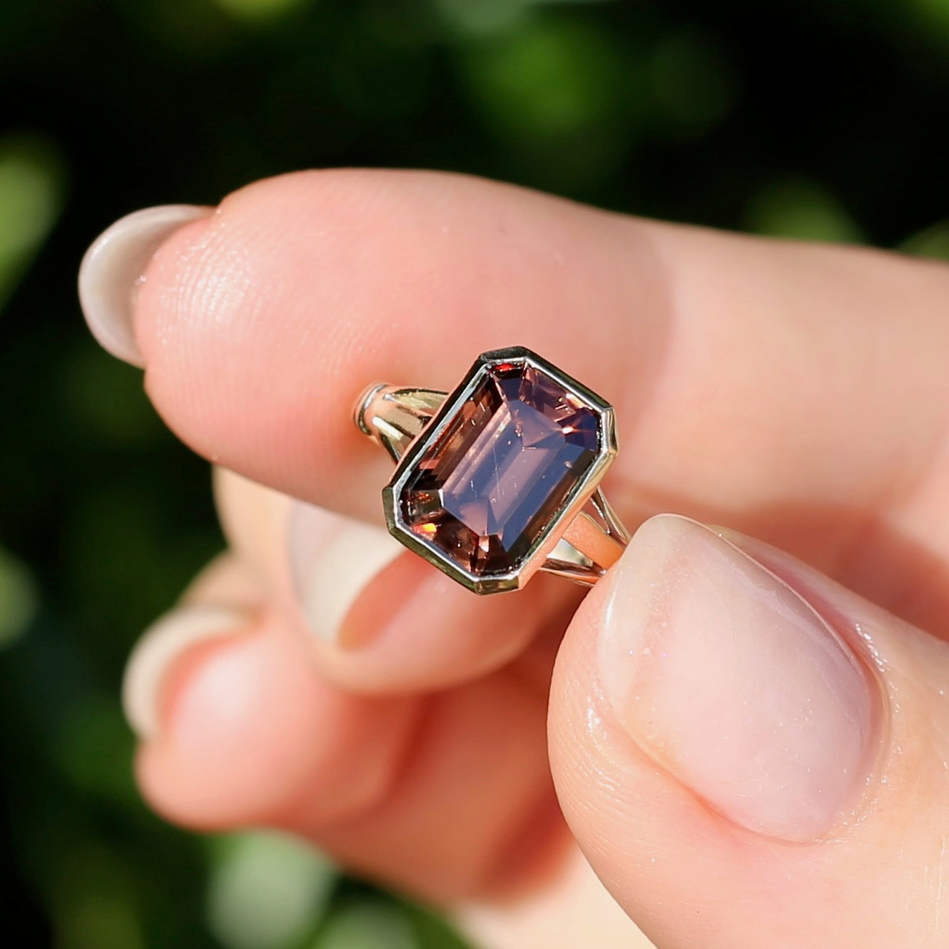 Custom Cut 4.36ct Octagonal Brown Zircon, Bezel Set, 9ct Yellow Gold, size L1/2 or 6