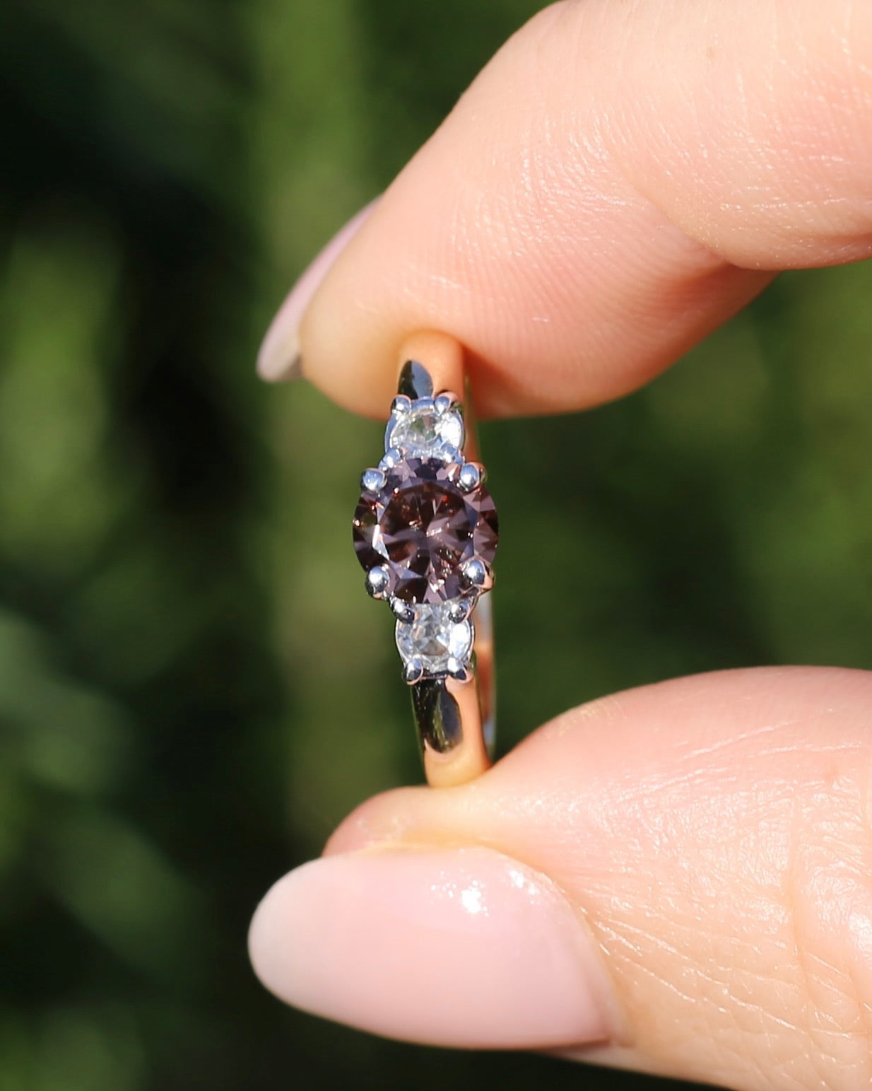 1.31ct Natural Caramel Zircon and Old Cut White Zircon Trilogy Ring, 9ct Gold, size N1/2 or just under 7, 3.72g