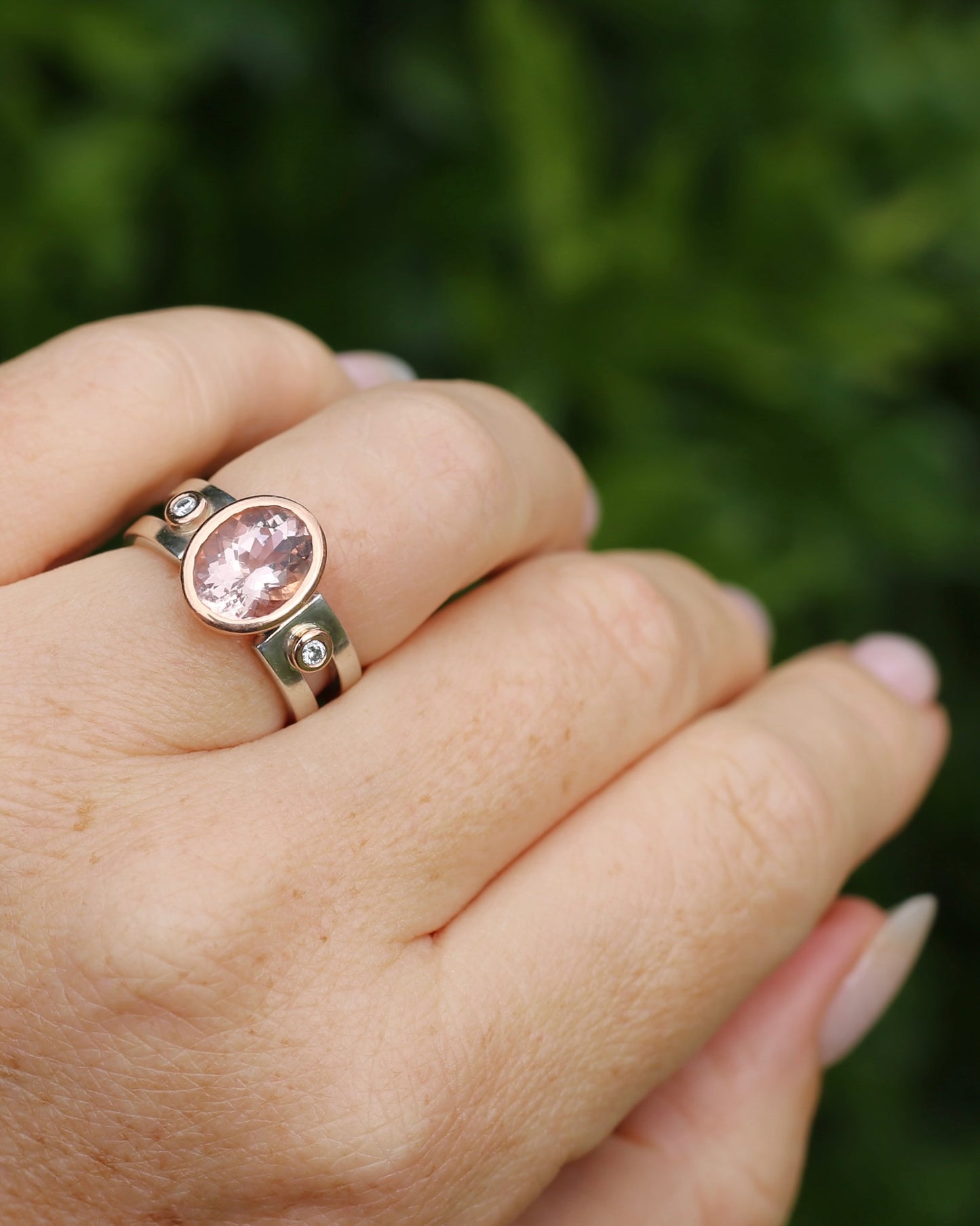 Chunky Bezel Set Morganite and Diamond Ring, 9ct Rose Gold and Silver, size P or 7.5 (fits smaller)