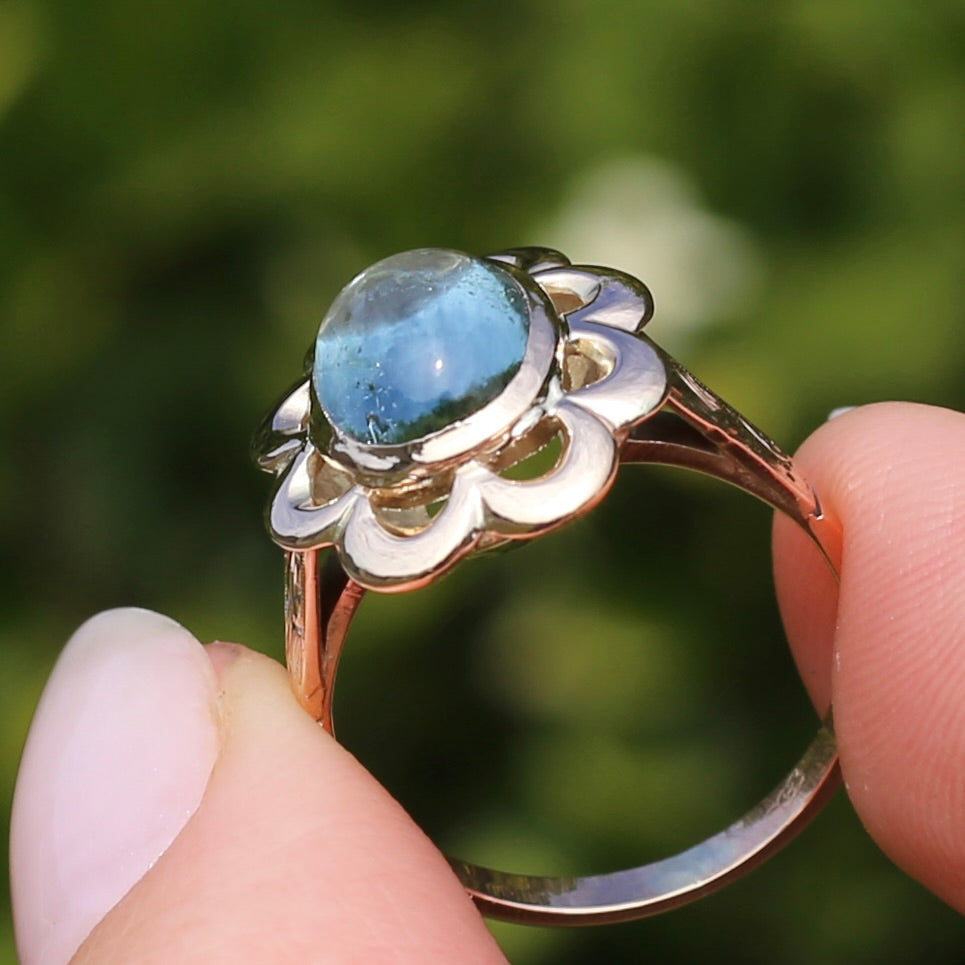 2.35ct Natural Aquamarine Cabochon in Vintage Floral 9ct Gold Ring, size O or 7.25