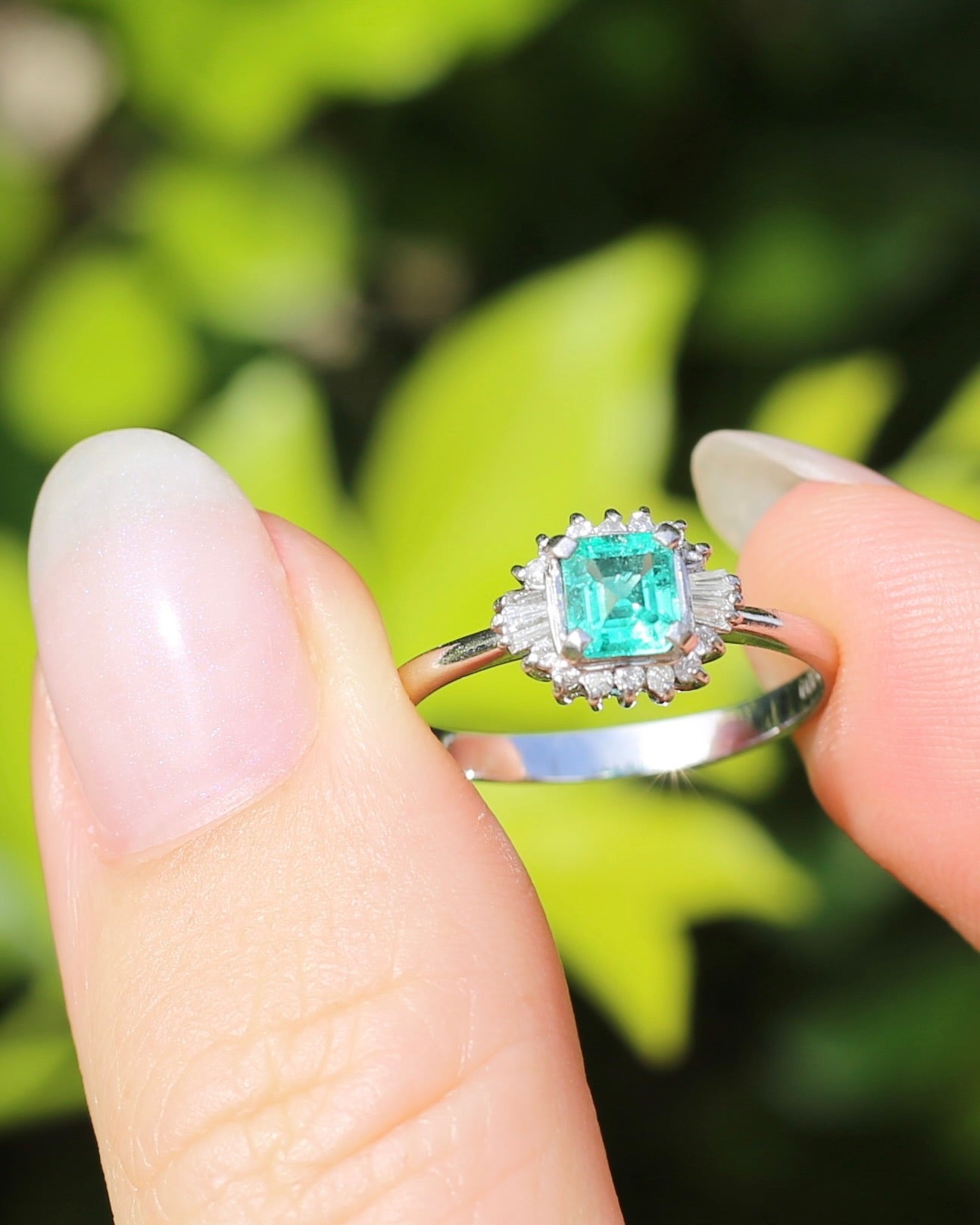 Natural Square Step Cut Emerald and Diamond Baguette Ballerina Skirt, Platinum Ring, size O or 7.25