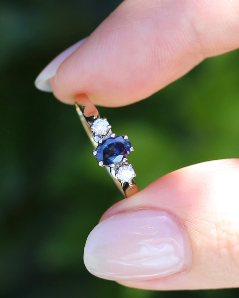 Sapphire and Diamond Trilogy, 9ct Yellow Gold and Palladium, size P or 7.75, 2.32g