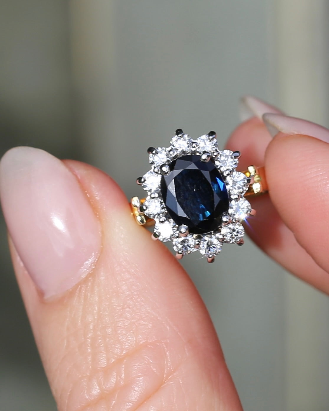 Vintage c1980s Diana Halo, Natural Sapphire and Diamond Halo, 18ct Yellow and White Gold, size P or 7.75 with valuation