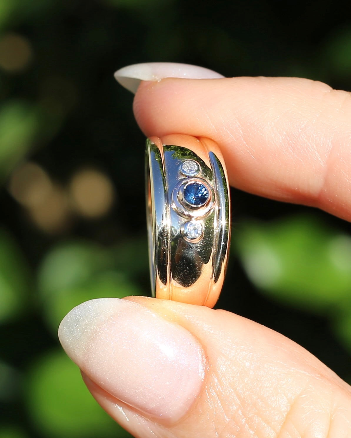 Bezel Set Parti Sapphire and Diamond Trilogy, Chunky Yellow Gold, size O1/2 or 7.5 (will fit smaller due to width)