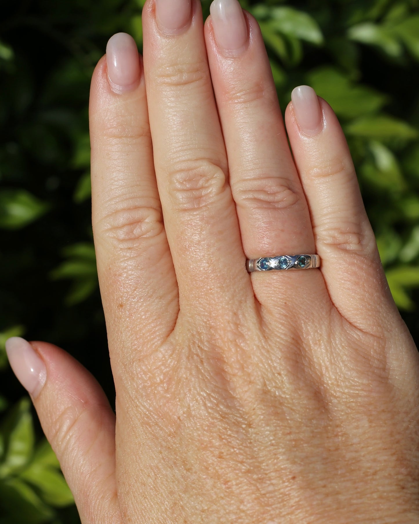 ON HOLD Australian Parti Sapphire Trilogy, 9ct White Gold Band, size N1/2 or just under 7, 2.67g