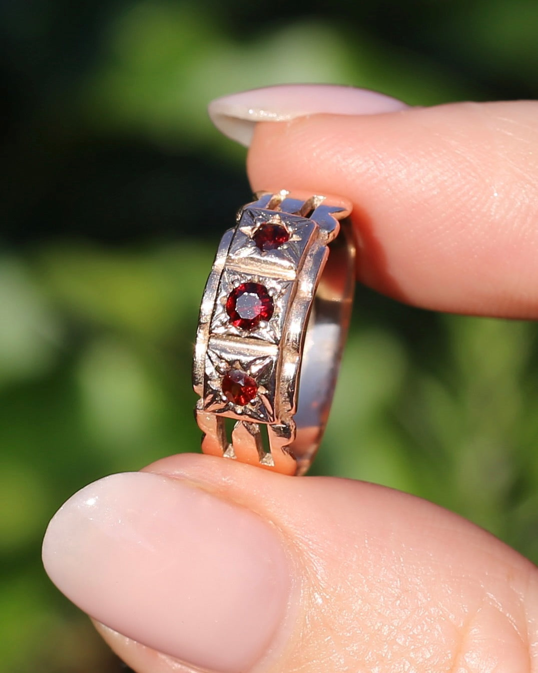 Vintage Victorian Revival Garnet Trilogy Star Set Ring, 9ct Rosey Gold, size P or 7.75, 3.16g