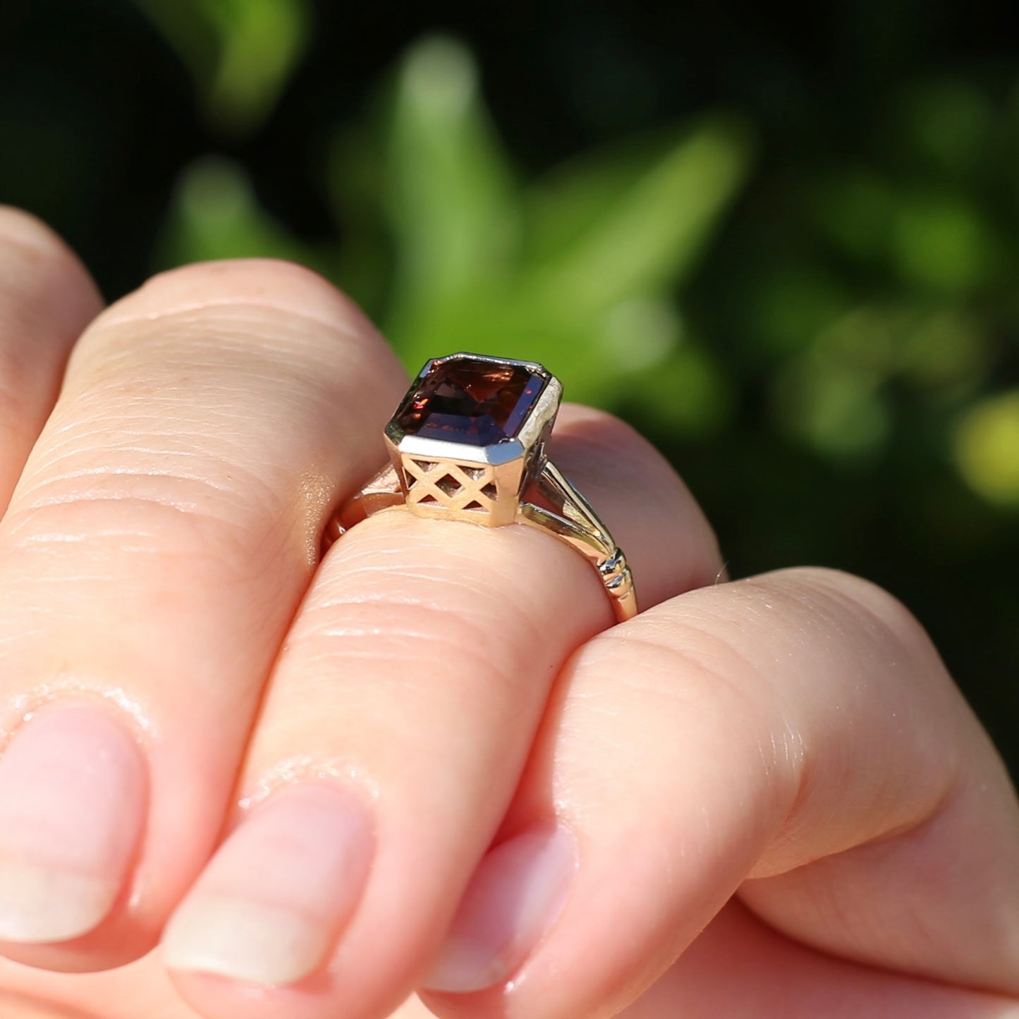 Custom Cut 4.36ct Octagonal Brown Zircon, Bezel Set, 9ct Yellow Gold, size L1/2 or 6