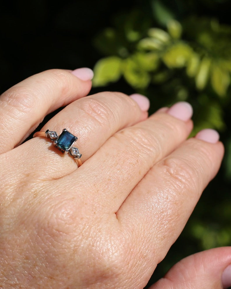 1.09ct Emerald Cut Teal Australian Sapphire With Diamonds in Vintage Trilogy Setting, 9ct Yellow and White Gold, size N1/2 or 6.75, 2.05g