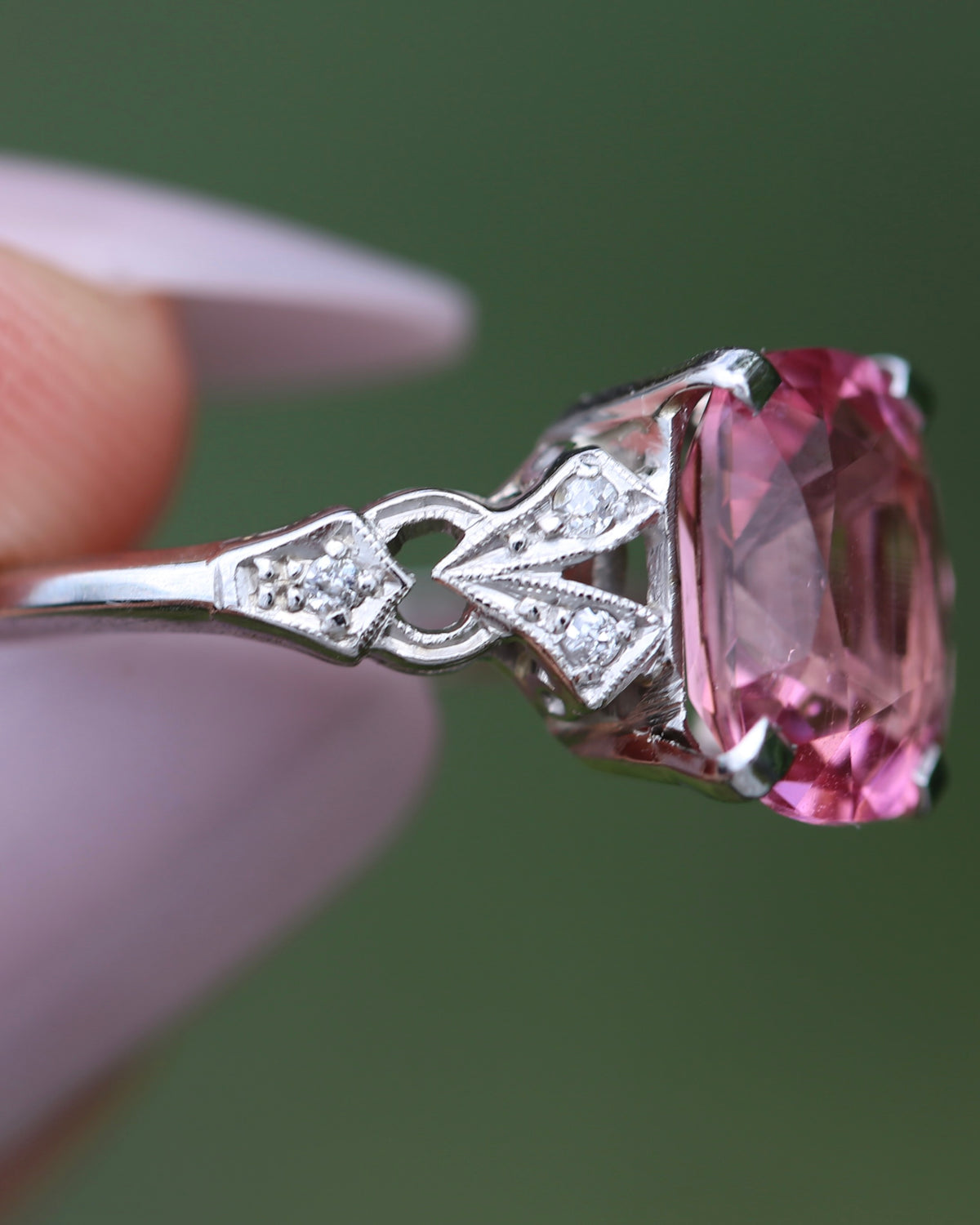 Pale Pink Tourmaline and Old Cut Diamond Shoulder Ring, 18ct White Gold and Platinum, size N or 6.75, 2.63g