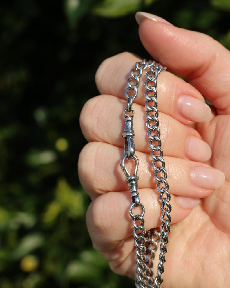 Antique 1913-1914 Birmingham Made Curb Link Watch Chain, Double Albert Clasp, Sterling Silver, 41.5cm