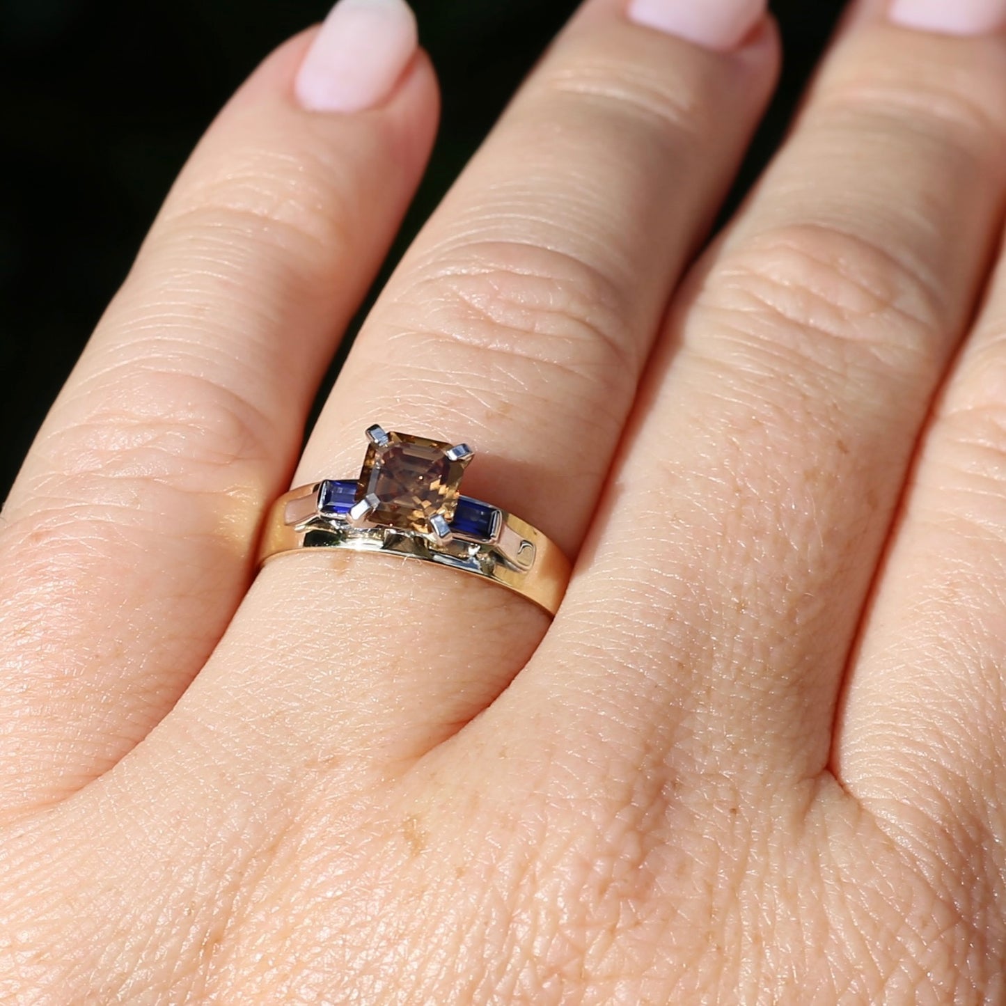 1.74ct Asscher Cut Cognac Zircon with Baguette Synthetic Sapphires in Mixed White and Yellow Gold 9ct Ring, size 8.75 or just over R