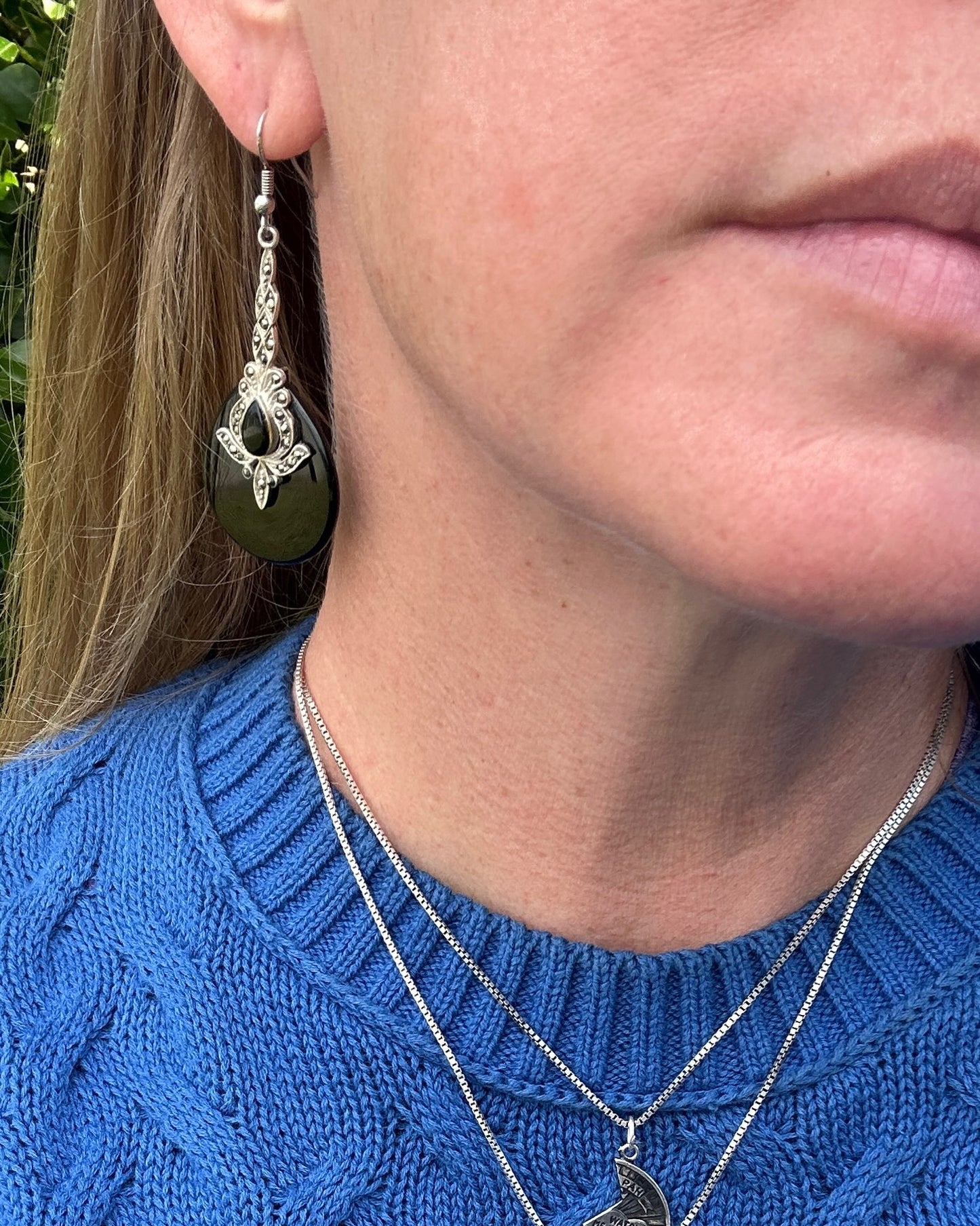 Vintage Onyx and Marcasite Silver Earrings, 13.8g
