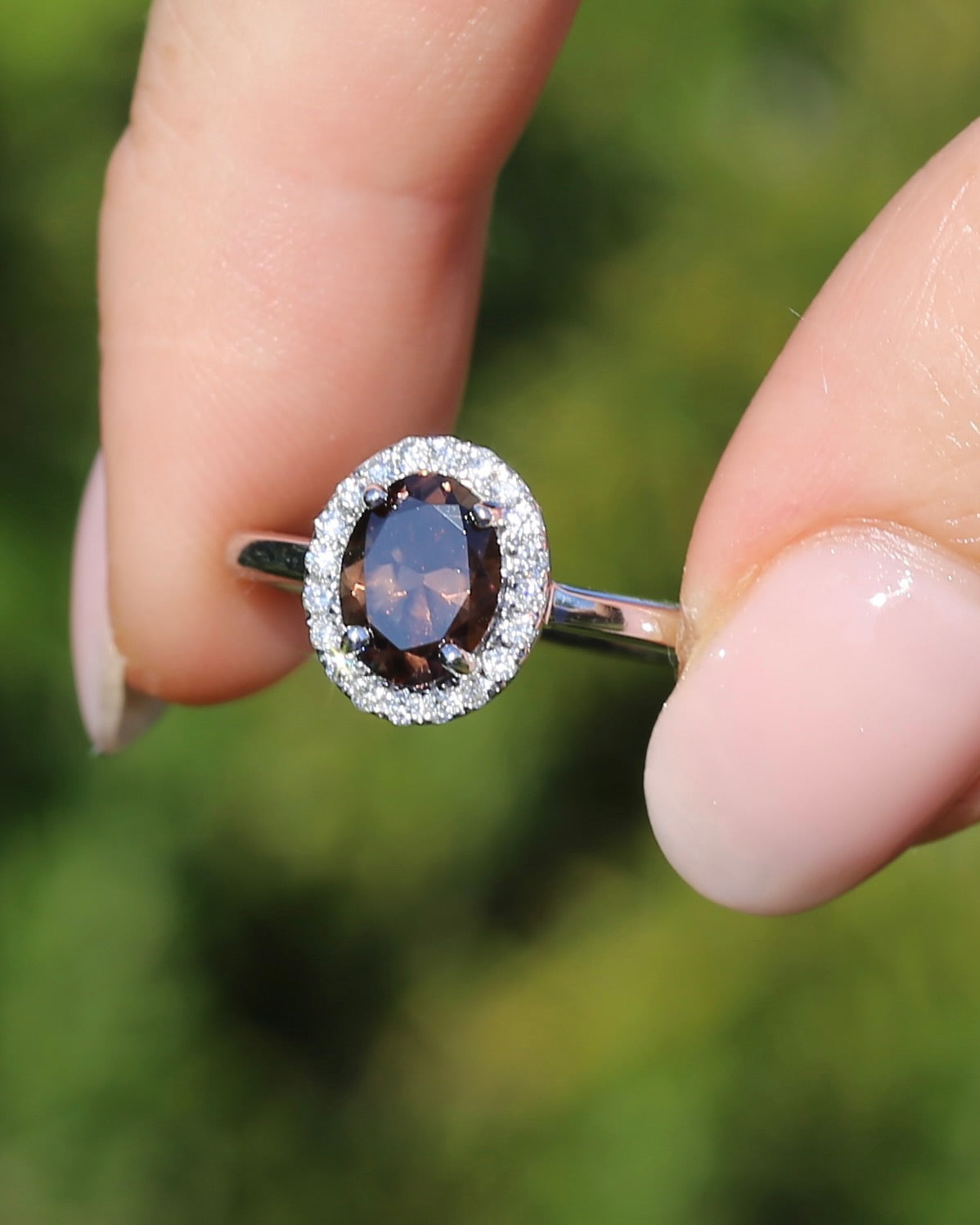 1.82ct Chocolate Australian Zircon with Diamond Halo, 14ct White Gold, size N or 6.75, 3.34g