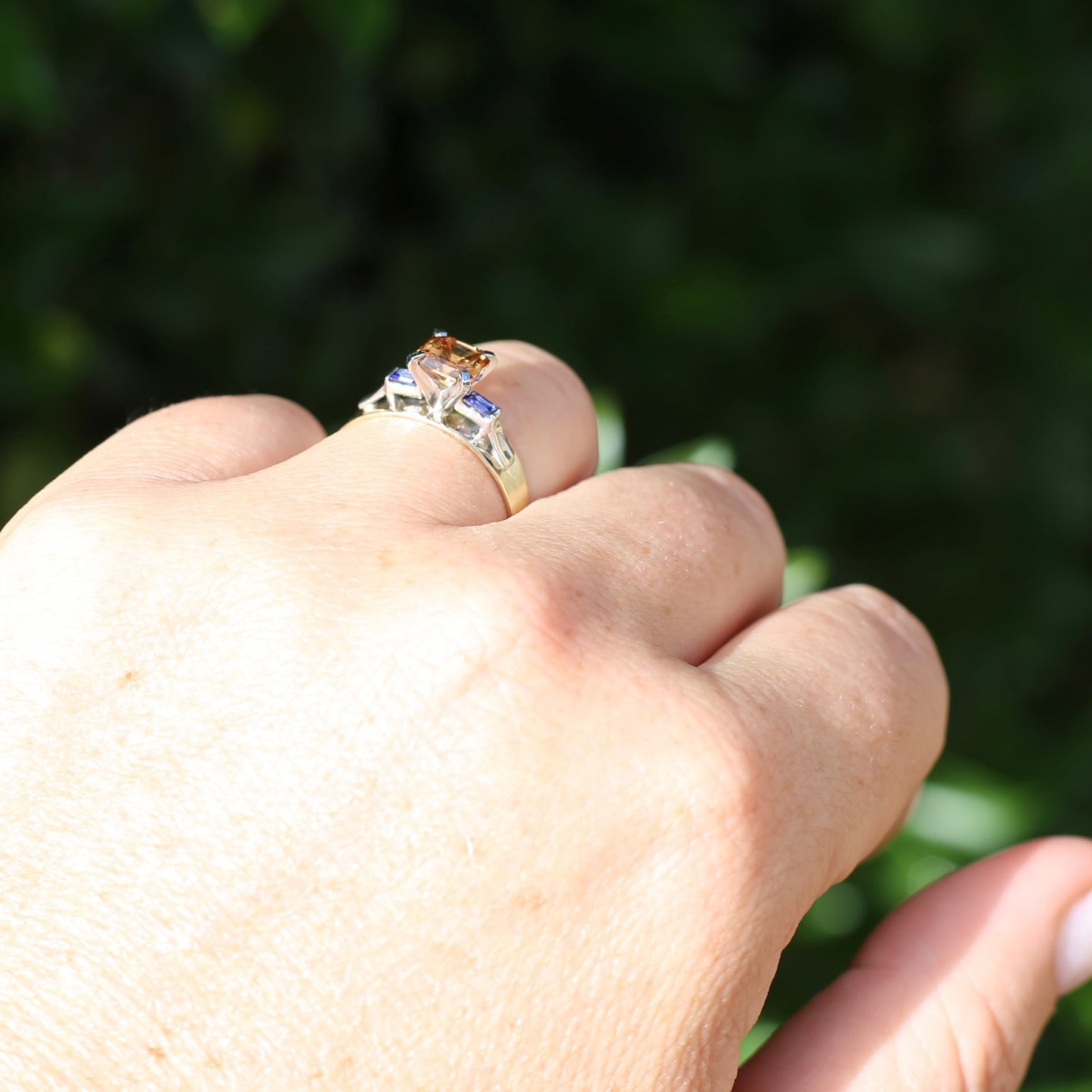 1.74ct Asscher Cut Cognac Zircon with Baguette Synthetic Sapphires in Mixed White and Yellow Gold 9ct Ring, size 8.75 or just over R