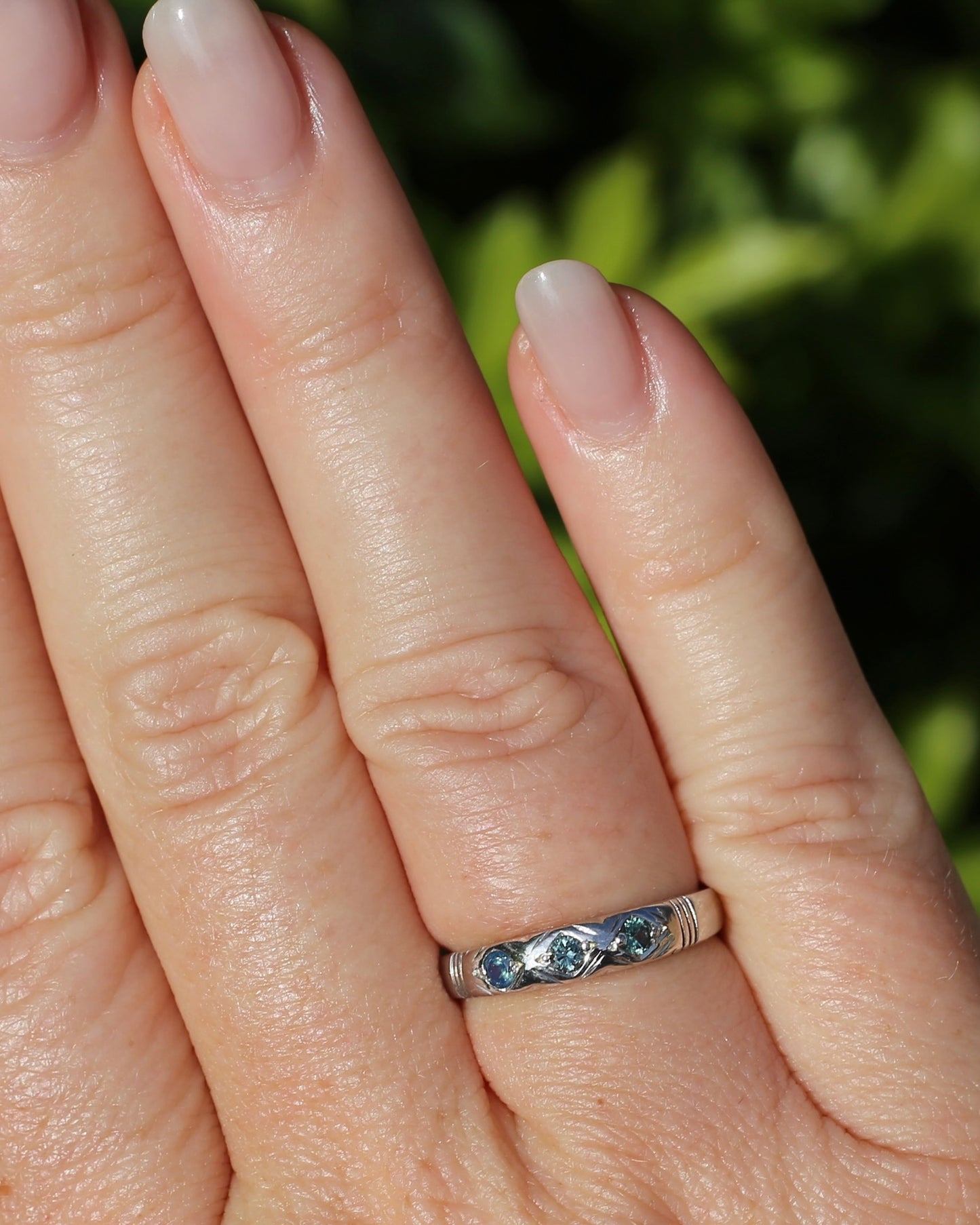 ON HOLD Australian Parti Sapphire Trilogy, 9ct White Gold Band, size N1/2 or just under 7, 2.67g
