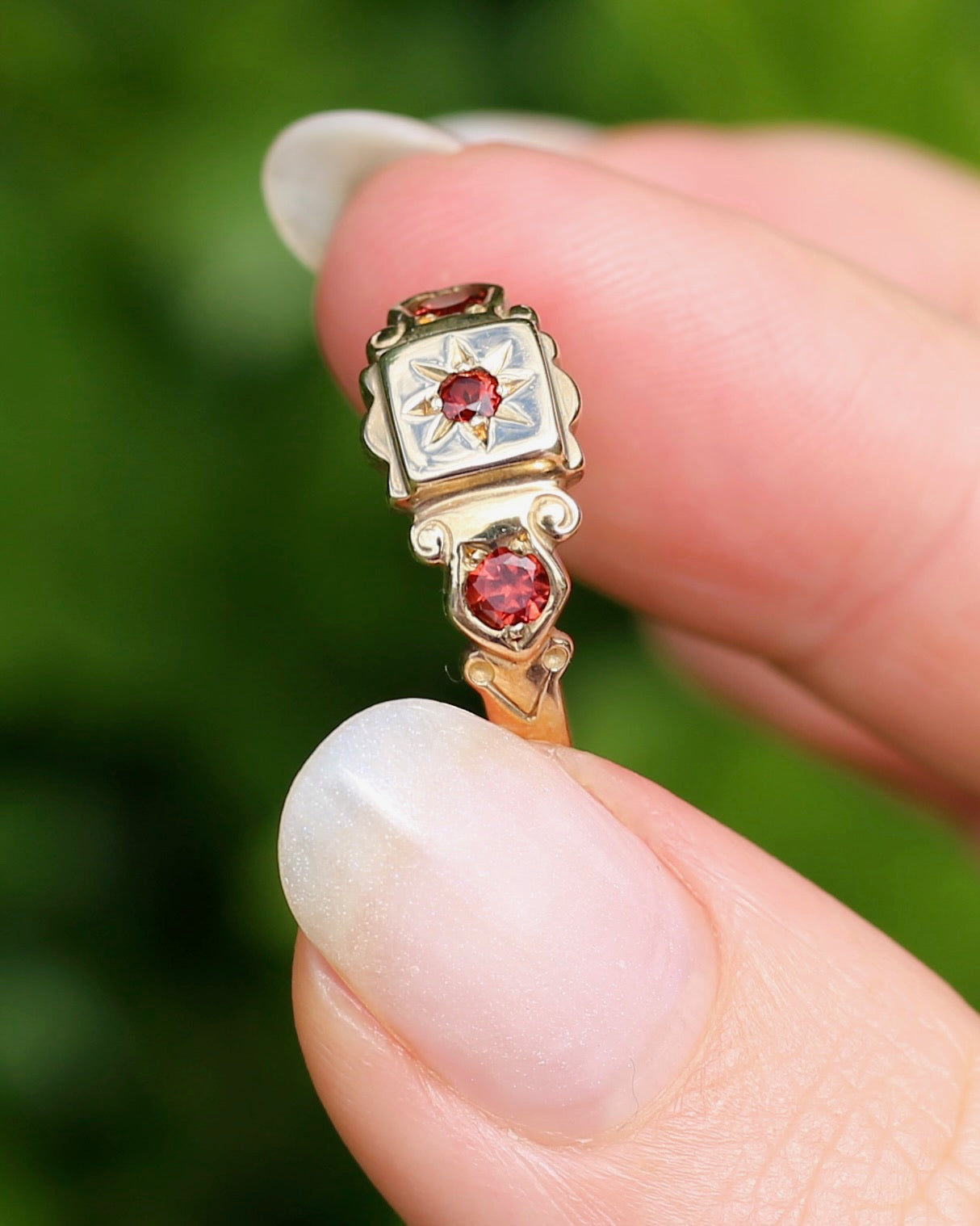 Victorian Revival Garnet Trilogy Star Set Ring, 9ct Yellow Gold, size O1/2 or just over 7.25