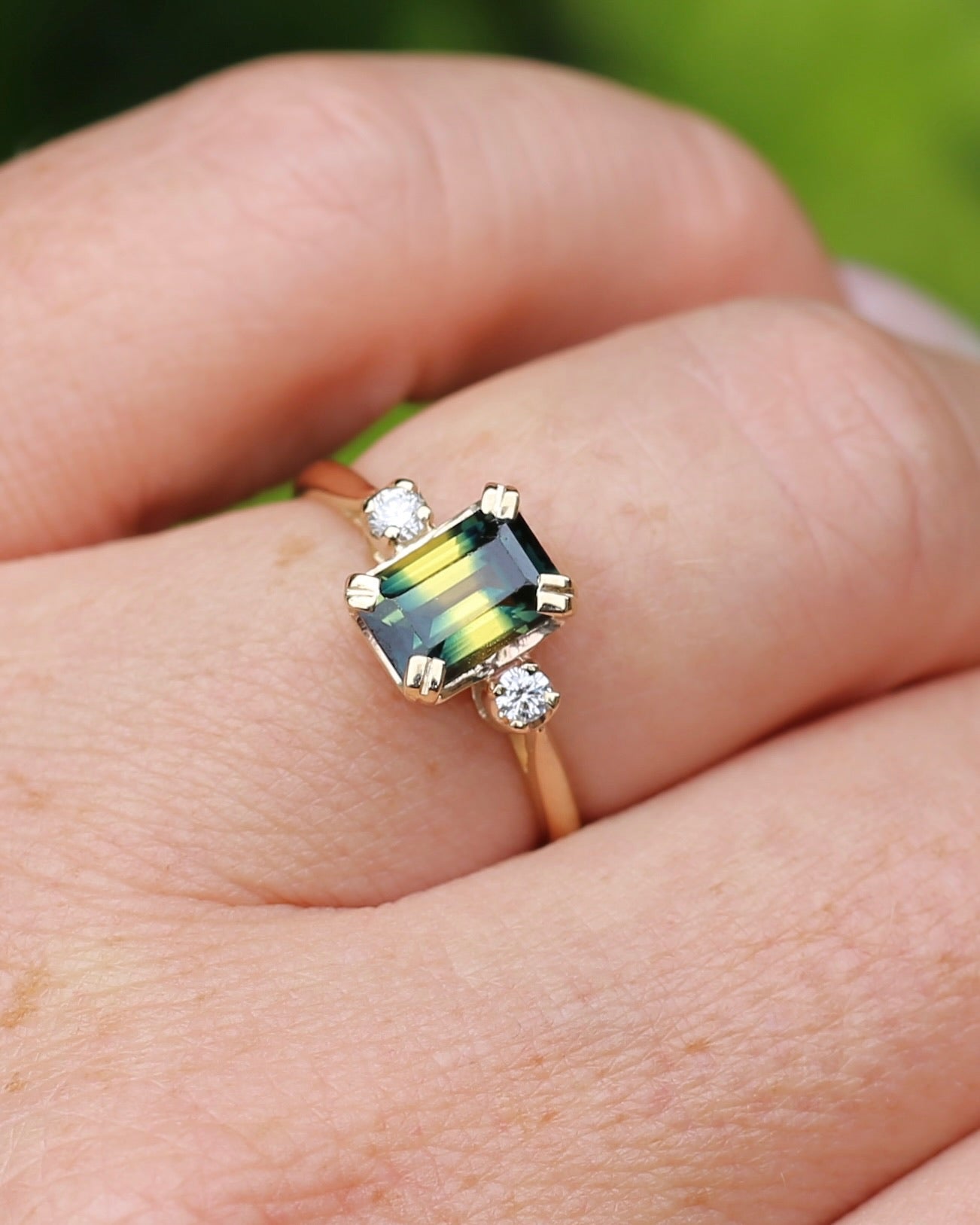 Vintage 1.5ct Emerald Cut Parti Sapphire and Diamond trilogy, 9ct Yellow Gold, size N or 6.75