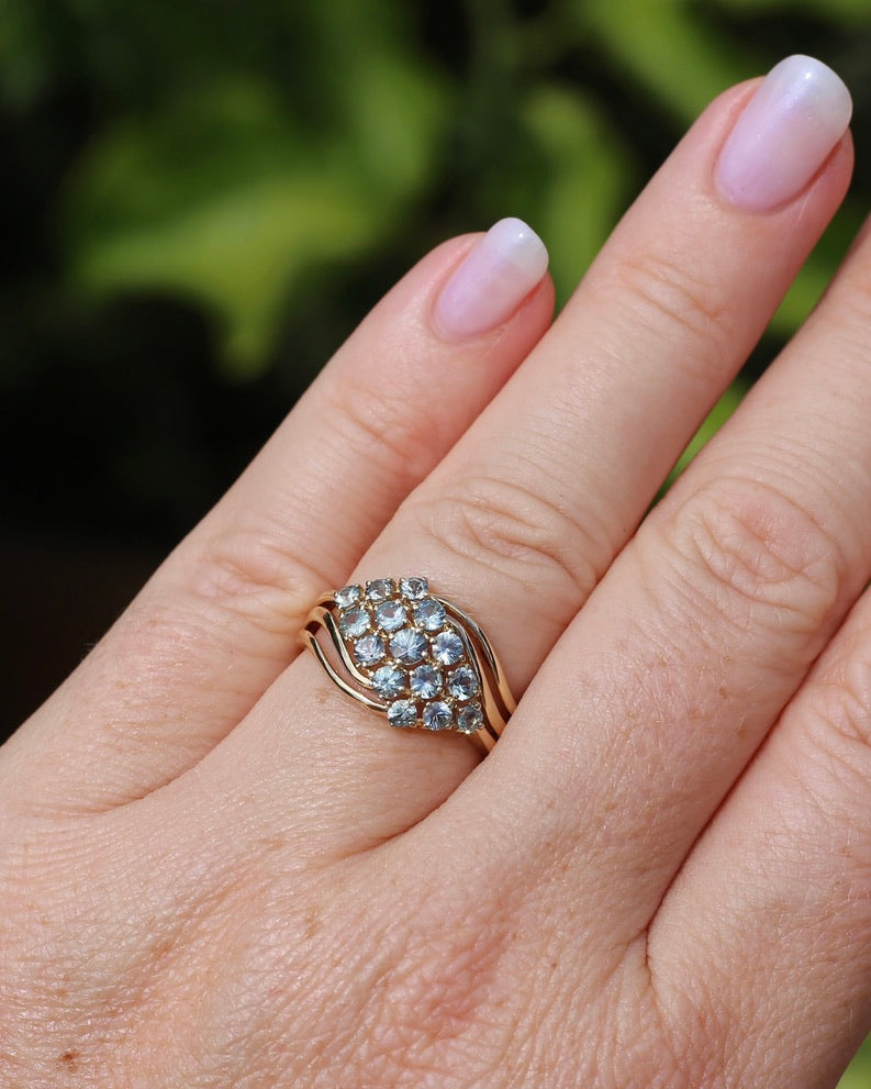 Pale Blue Parti Sapphire Bypass Cluster Ring, 9ct Yellow Gold, size P1/2 or 7.75, 2.75g