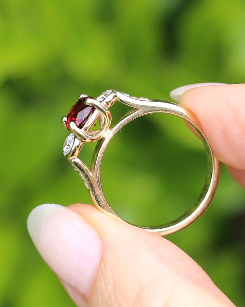 East African Rhodolite Garnet and Diamond Dais Trilogy, 9ct Yellow Gold, size S or 9.25