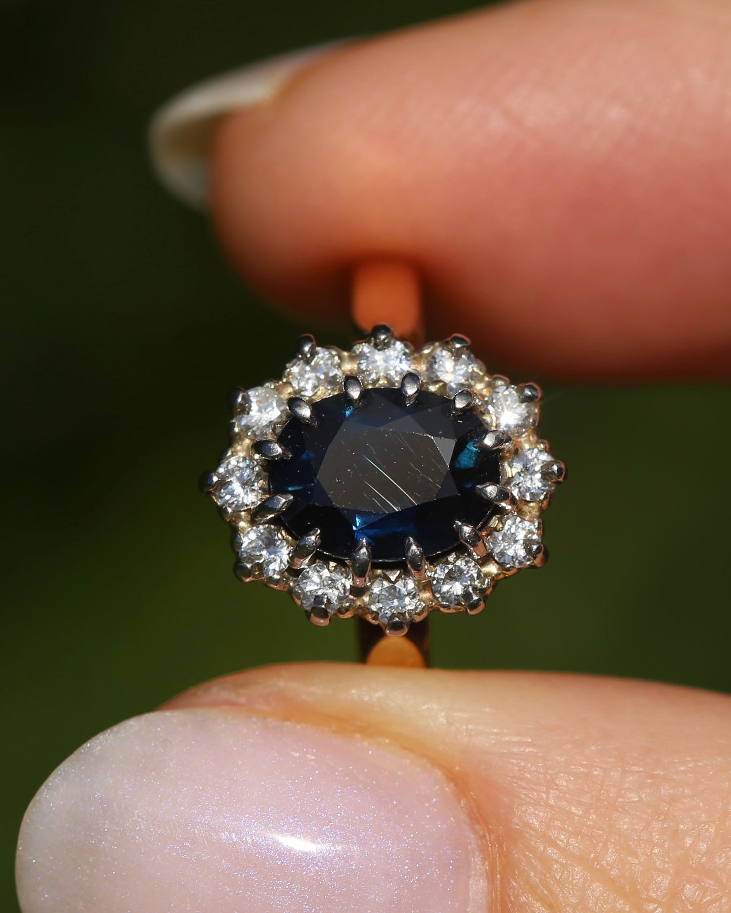 Vintage Natural Sapphire and Diamond Halo, 9ct Yellow and White Gold, size N1/2 or 7