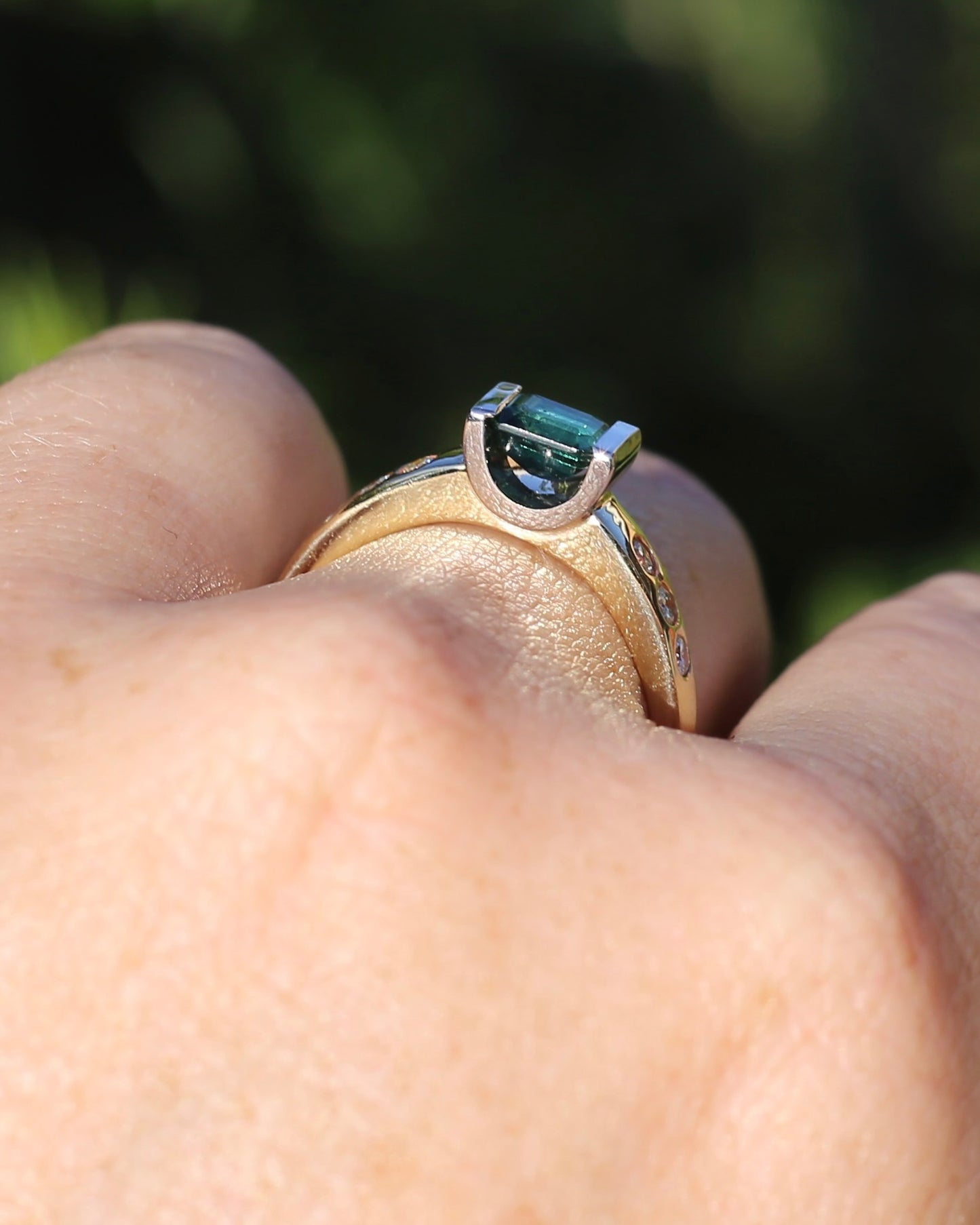 Vintage Chunky East West Set Semi Bezel Tourmaline and Flush Set Diamonds, 9ct Yellow and White Gold, size 9 or S, 4.37g