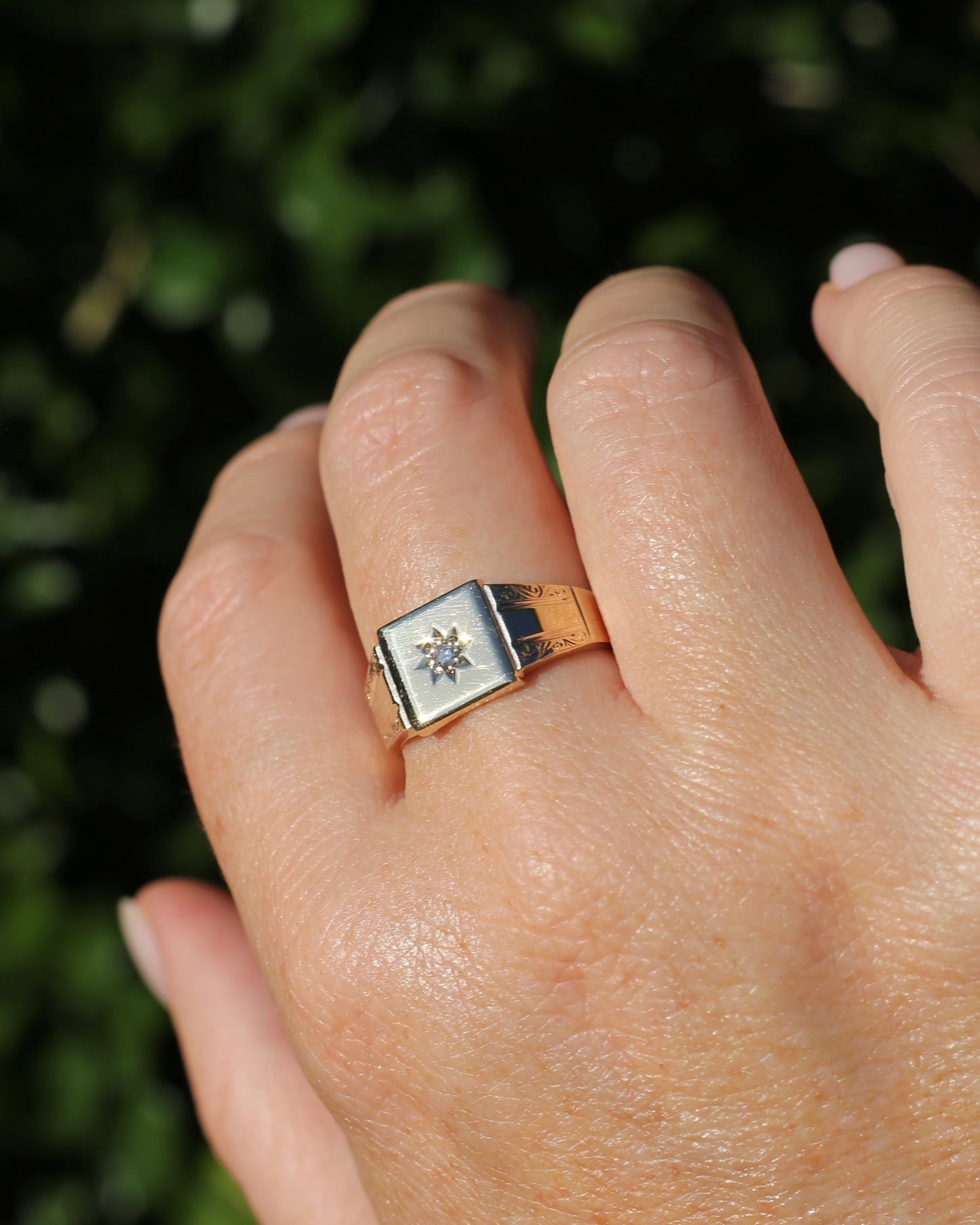 1984 Made Vintage Star Set Diamond Signet Ring, 9ct Yellow Gold, size V or 10.5