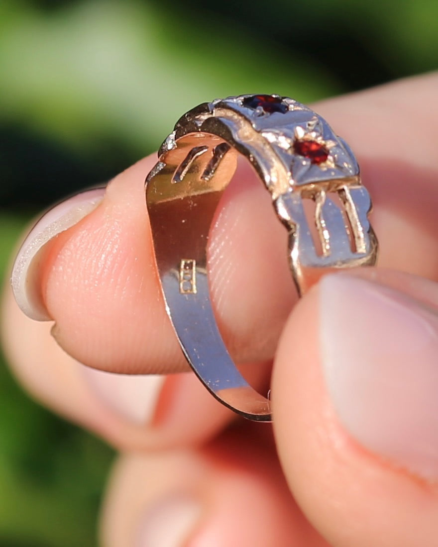 Vintage Victorian Revival Garnet Trilogy Star Set Ring, 9ct Rosey Gold, size P or 7.75, 3.16g