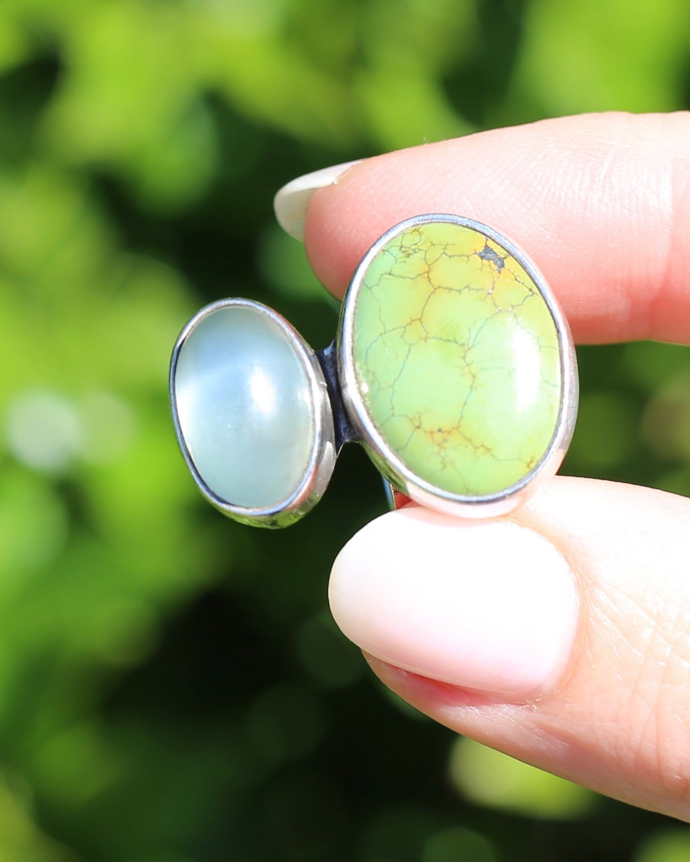 Vintage Green Turquoise and Moonstone Ring, Sterling Silver, size M or 6.25