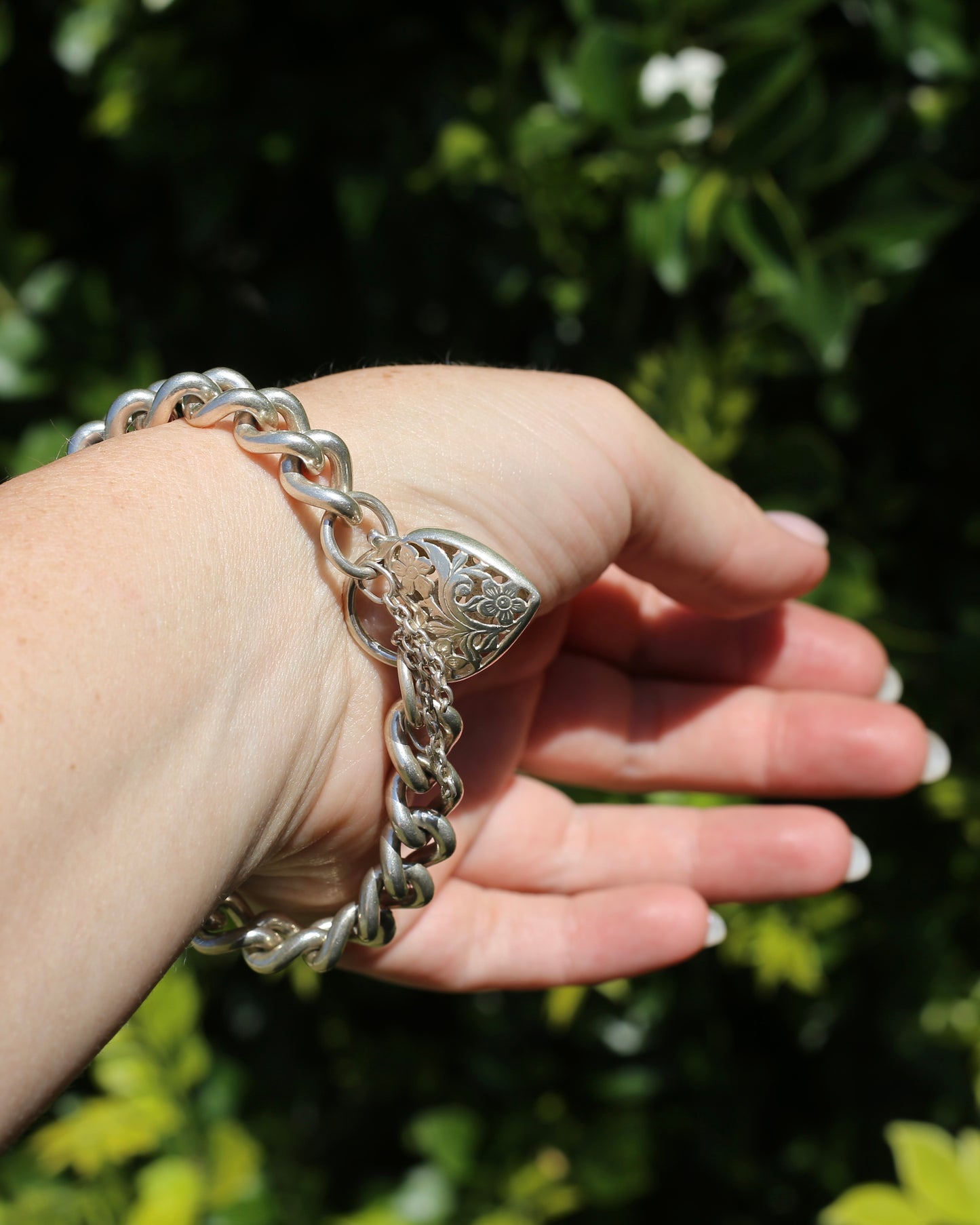 Chunky Curb and Filigree Heart Padlock Bracelet, Sterling Silver, 60.2g