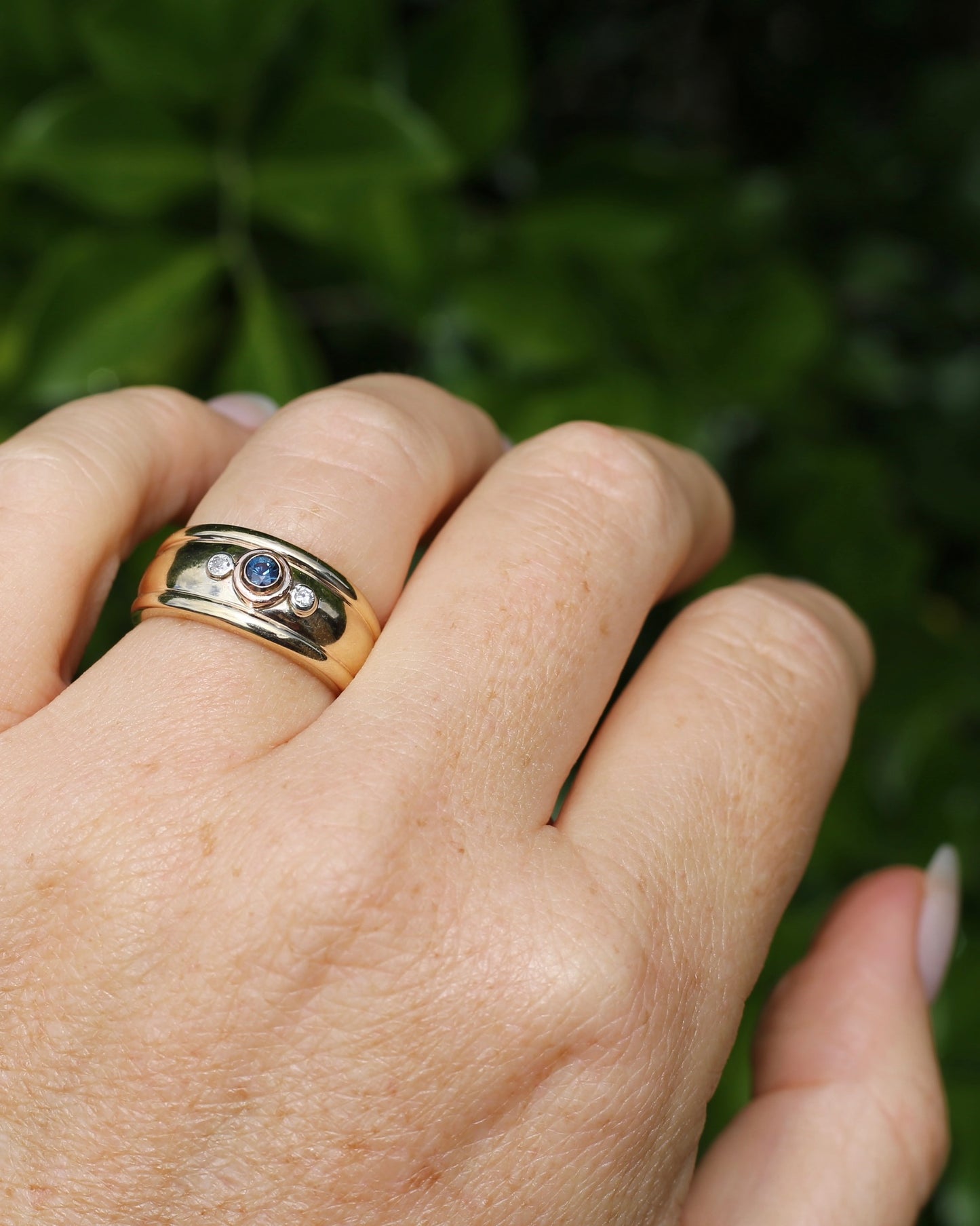 Bezel Set Parti Sapphire and Diamond Trilogy, Chunky Yellow Gold, size O1/2 or 7.5 (will fit smaller due to width)