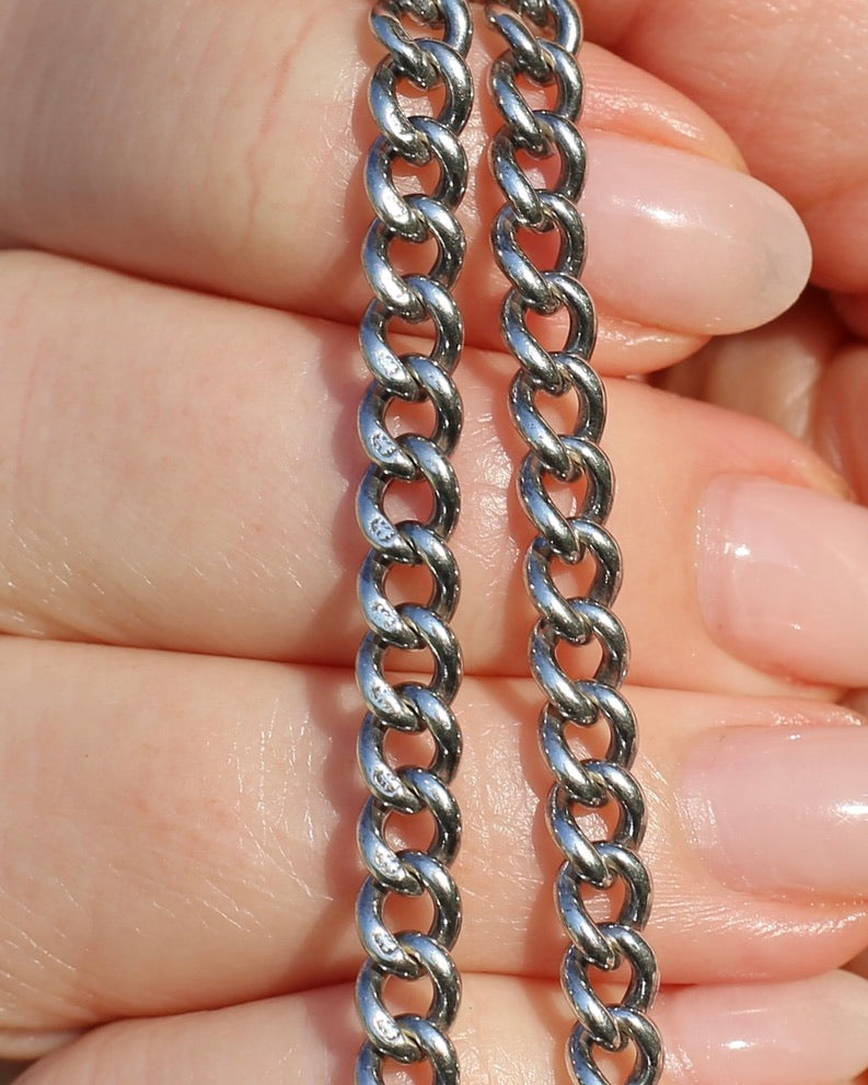 Antique 1913-1914 Birmingham Made Curb Link Watch Chain, Double Albert Clasp, Sterling Silver, 41.5cm