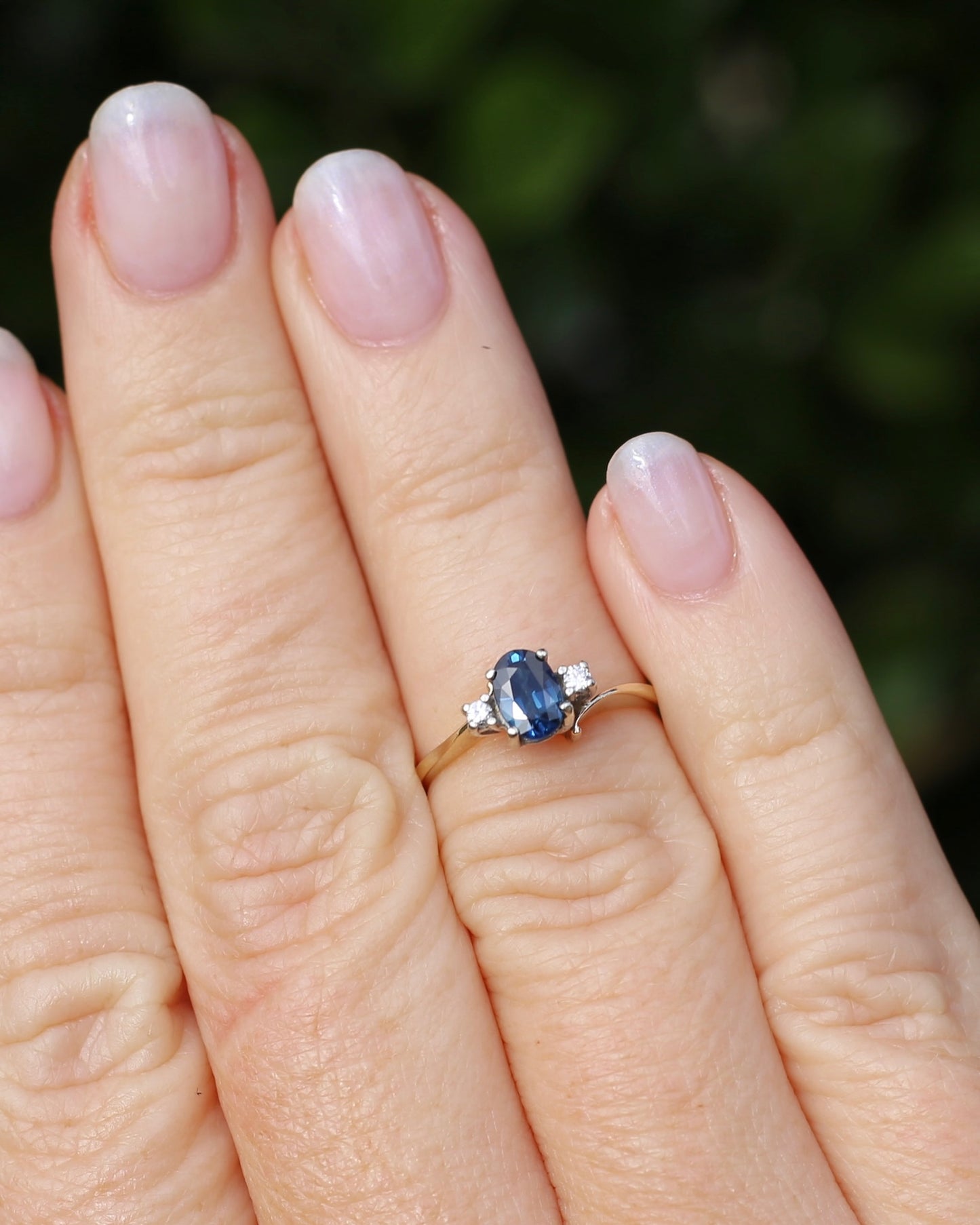 Vintage Natural Sapphire and Diamond Trilogy, 9ct Yellow and White Gold, size J or 4.75