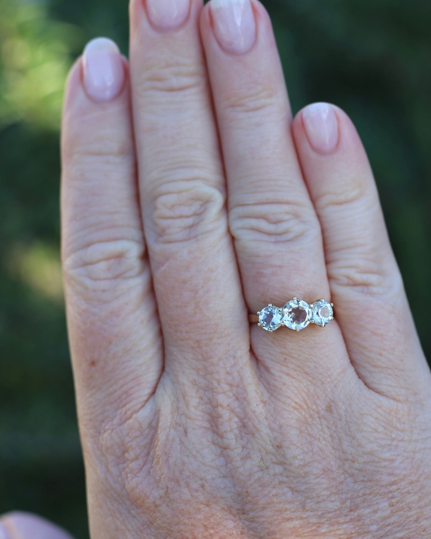 Prasiolite or Green Amethyst in Vintage Trilogy, 9ct Yellow Gold, size 7 or N1/2