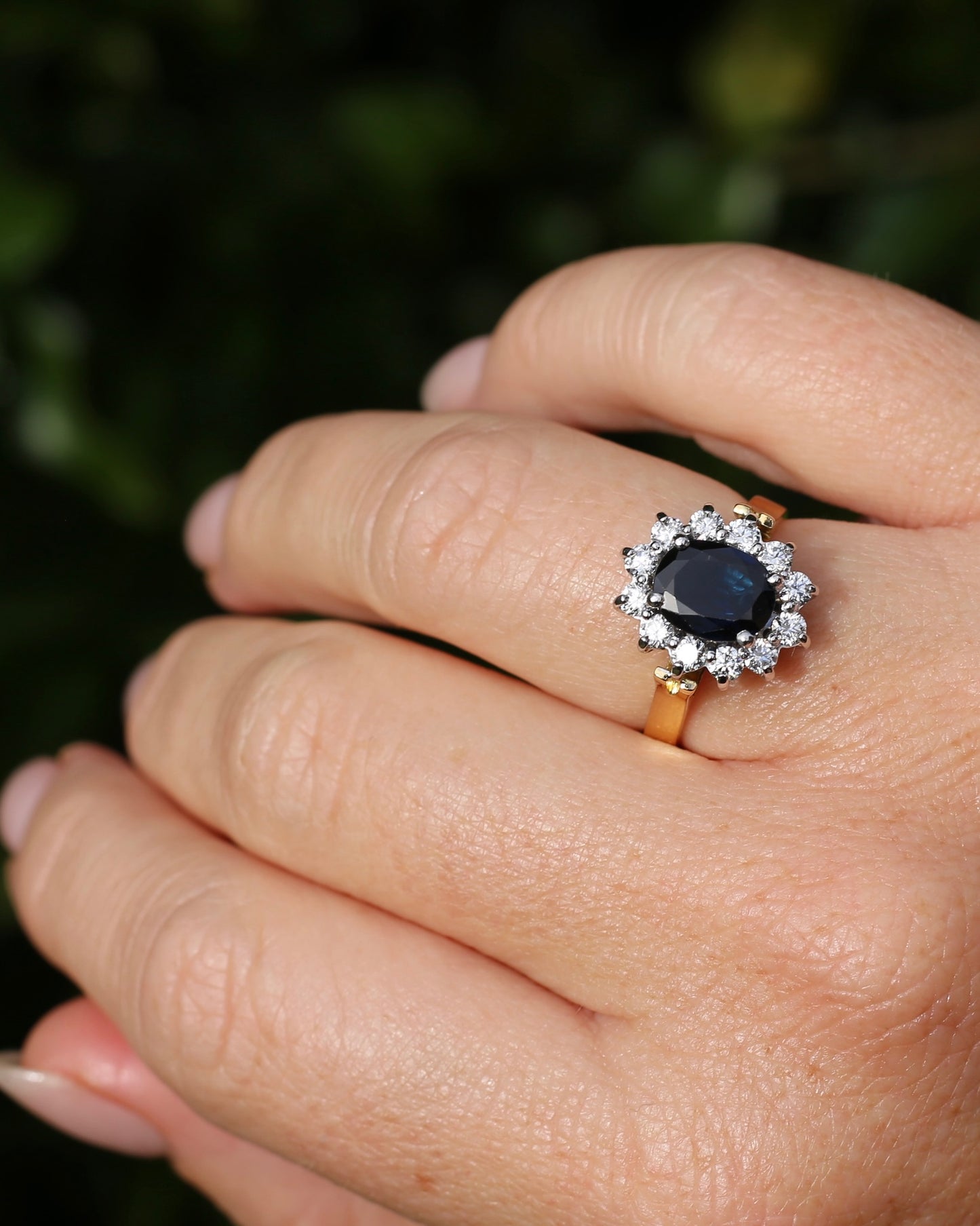 Vintage c1980s Diana Halo, Natural Sapphire and Diamond Halo, 18ct Yellow and White Gold, size P or 7.75 with valuation