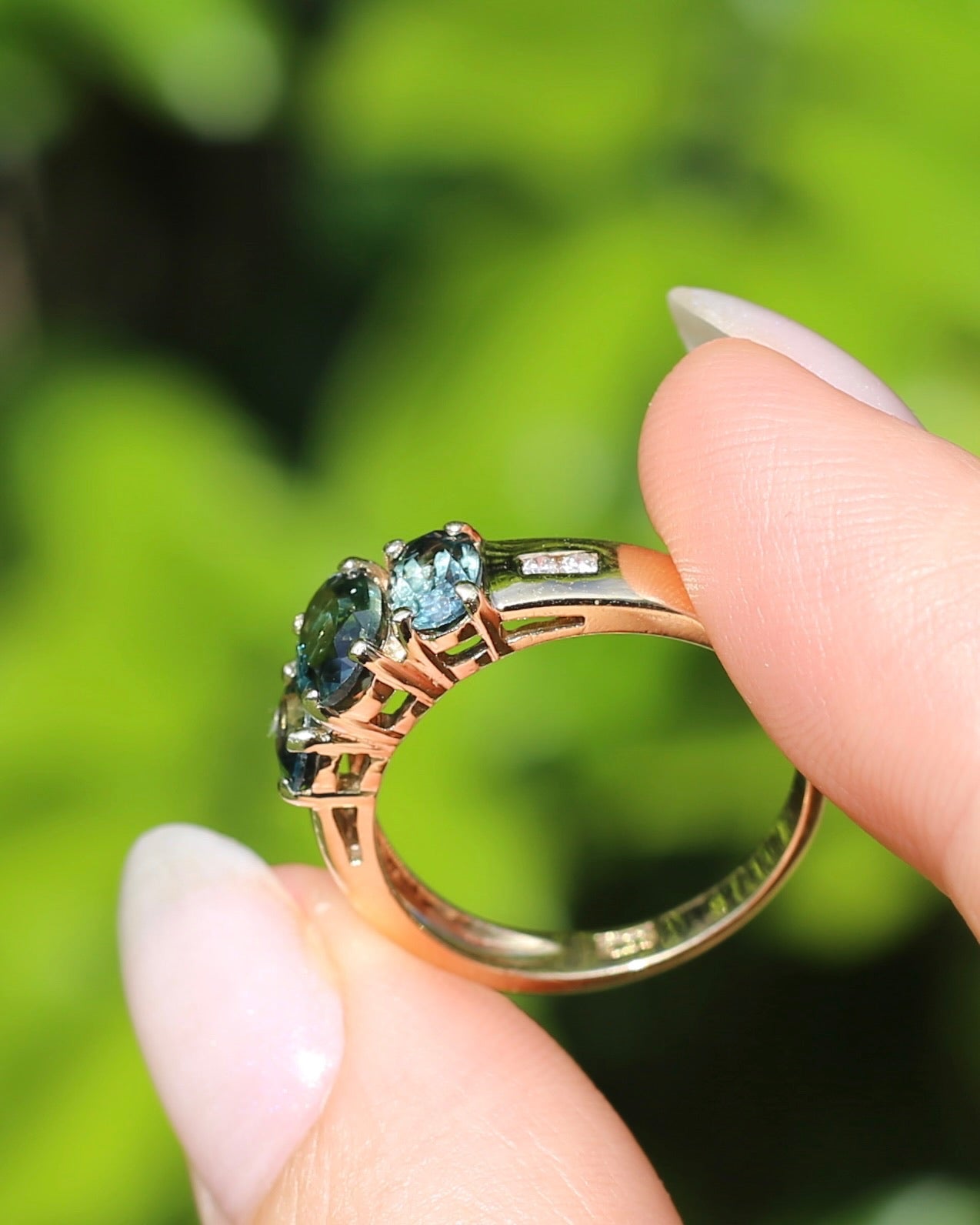 2.1ct Parti Sapphire Trilogy with Channel Set Diamonds, in Vintage 9ct Yellow Gold Ring, size O or 7.25