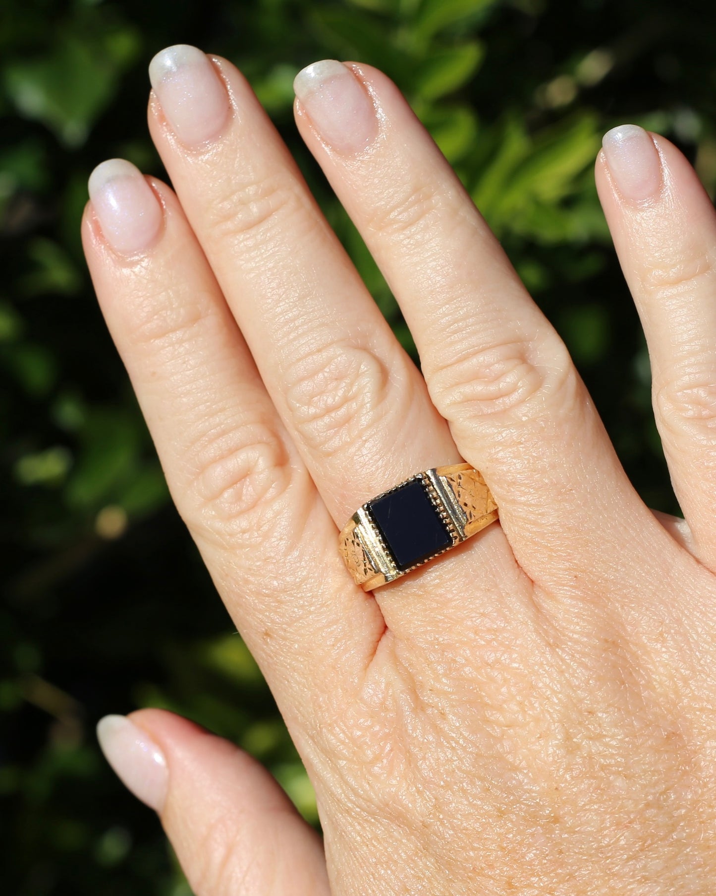 Chunky 1979 Onyx Signet with Floral Shoulders, 9ct Yellow Gold, size 10 or U