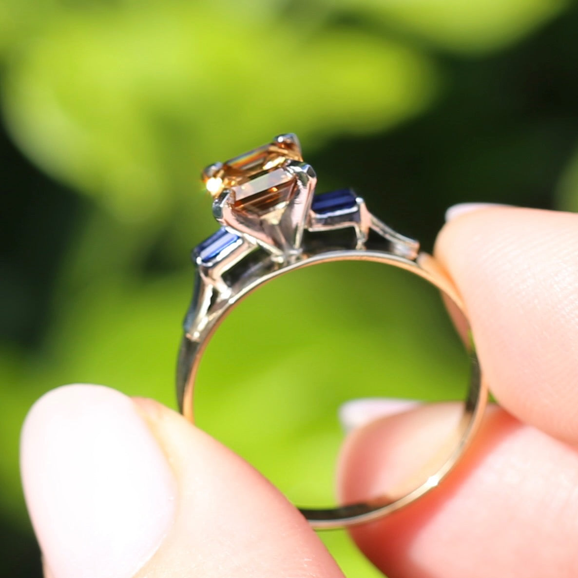 1.74ct Asscher Cut Cognac Zircon with Baguette Synthetic Sapphires in Mixed White and Yellow Gold 9ct Ring, size 8.75 or just over R