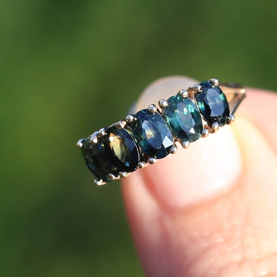 3 Carat Five Stone Parti Sapphire Ring, 9ct Yellow Gold, size R1/2 or nearly 9, with valuation