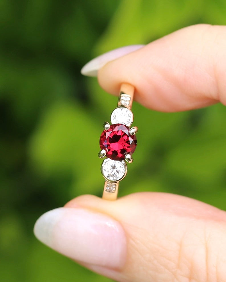 East African Rhodolite Garnet and Diamond Dais Trilogy, 9ct Yellow Gold, size S or 9.25