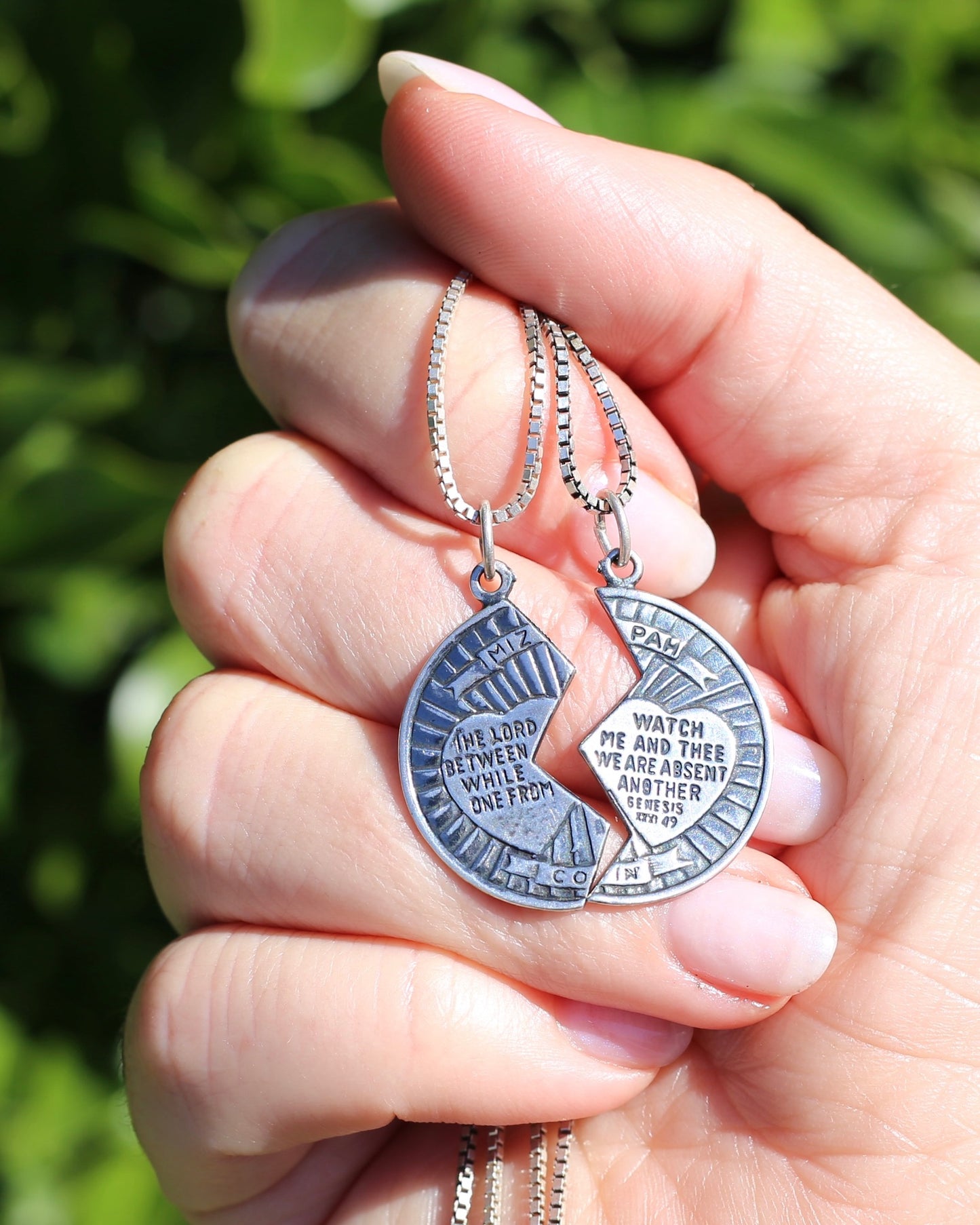 Pair of Vintage Mizpah Pendants on chains, Sterling Silver, 5g (combined) and 7.1g chains
