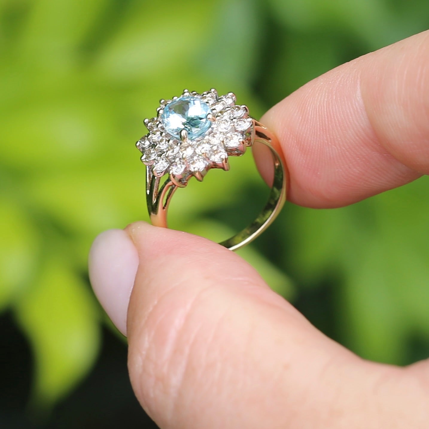 1.1ct Oval Aquamarine and Double Diamond Halo (0.88ct), 9ct White and Yellow Gold, size 6.25 or M