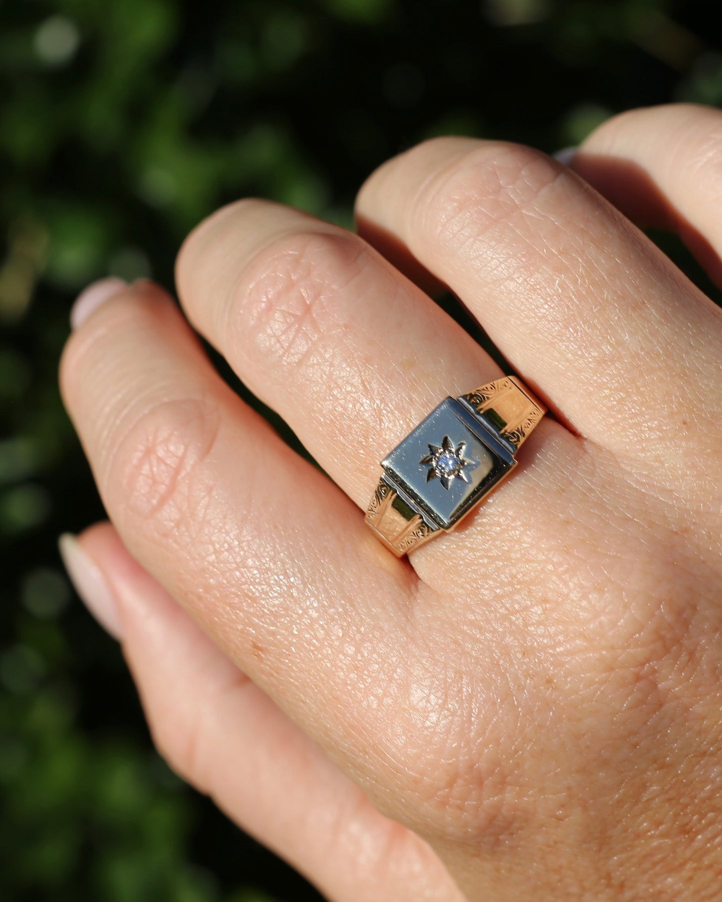 1984 Made Vintage Star Set Diamond Signet Ring, 9ct Yellow Gold, size V or 10.5
