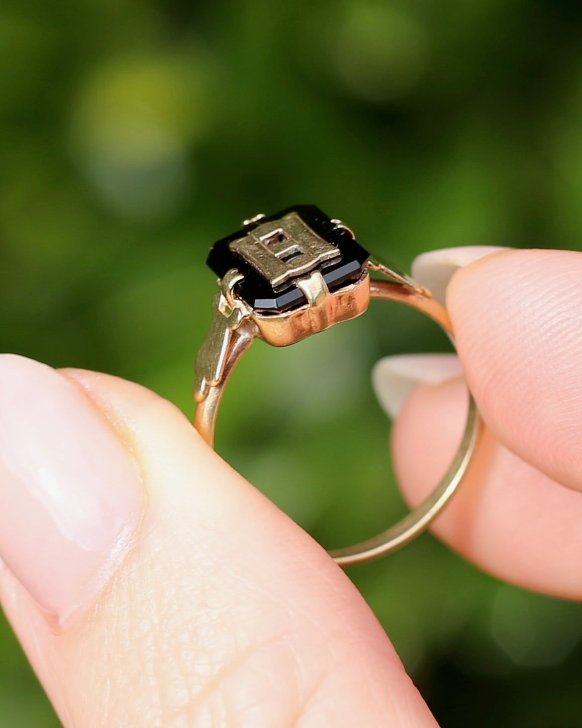 "H/B" Vintage Onyx and 9ct Yellow Gold Signet Ring, 9ct Yellow Gold, size N1/2 or 6.75