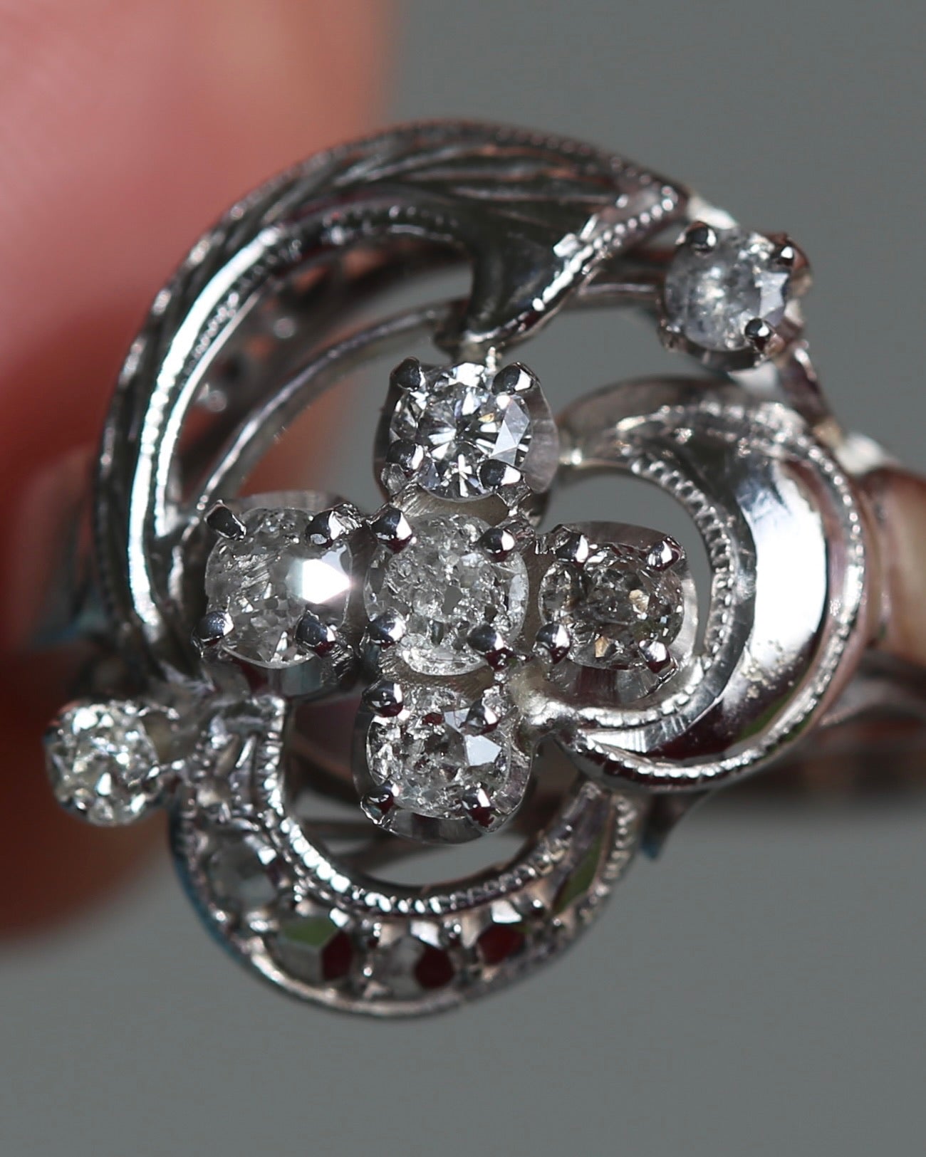 Old Cut and Early Brilliant Cluster Clover Ring, 9ct White Gold, size O or 7