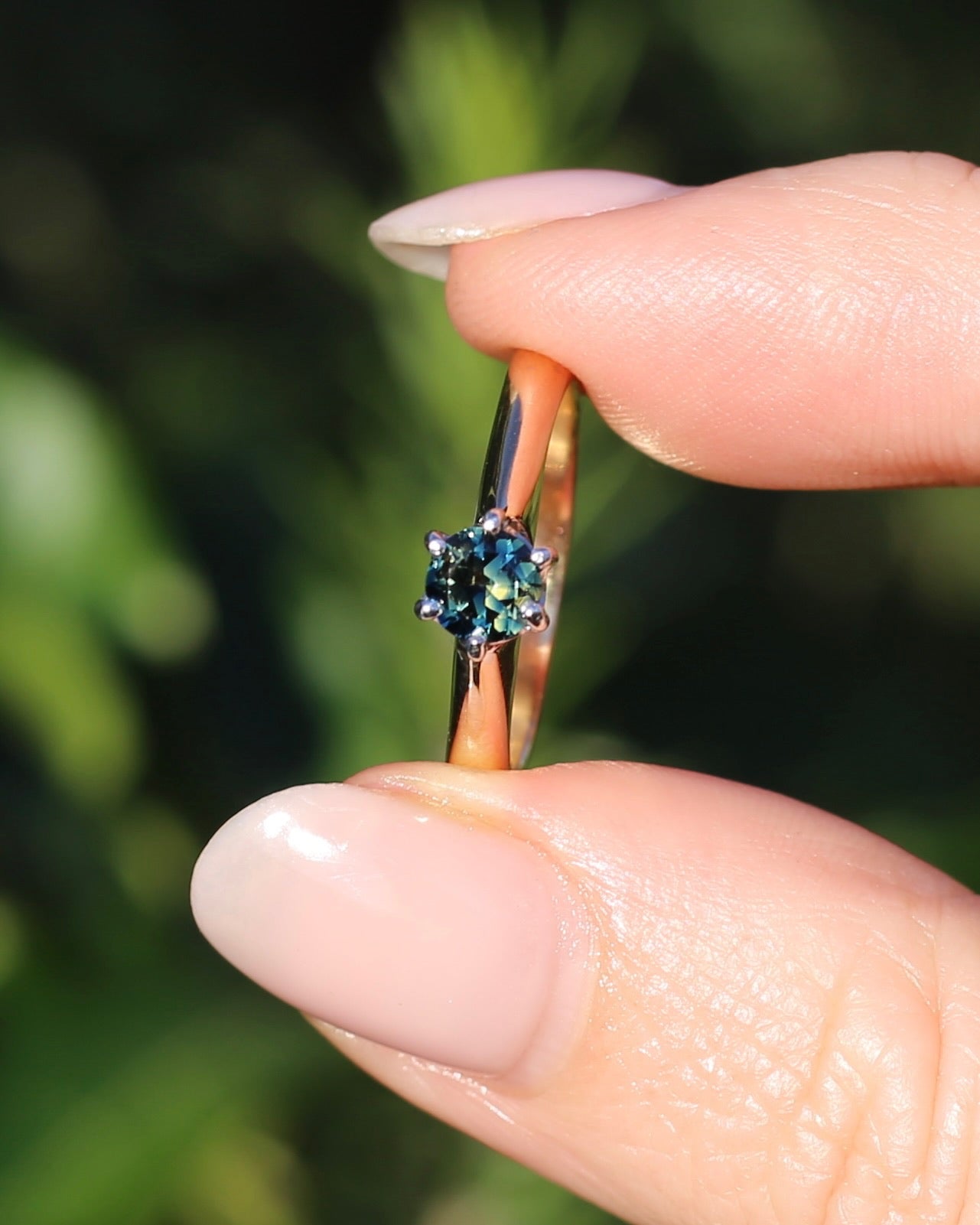 0.55ct Australian Parti Sapphire, 6 Claw Setting, 9ct White and Yellow Gold, size 7 or O, 3.52g