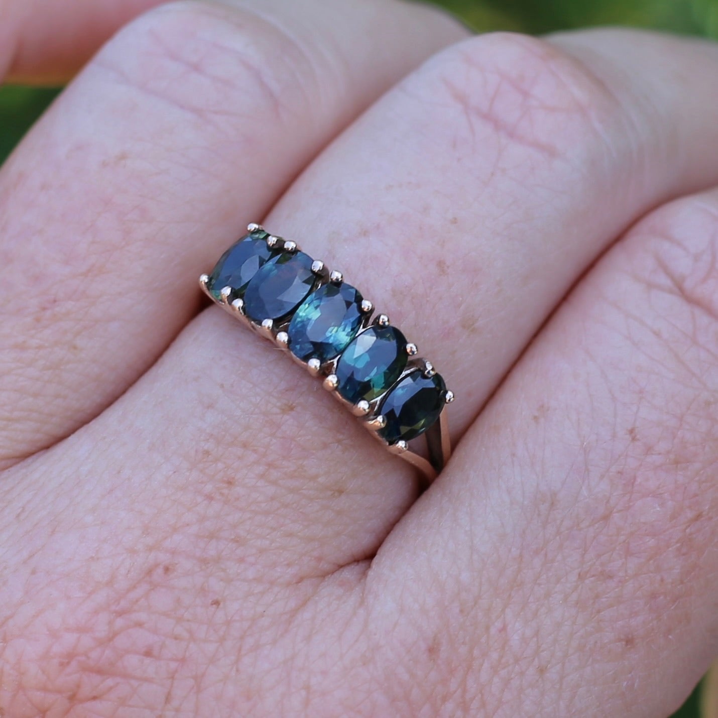 3 Carat Five Stone Parti Sapphire Ring, 9ct Yellow Gold, size R1/2 or nearly 9, with valuation