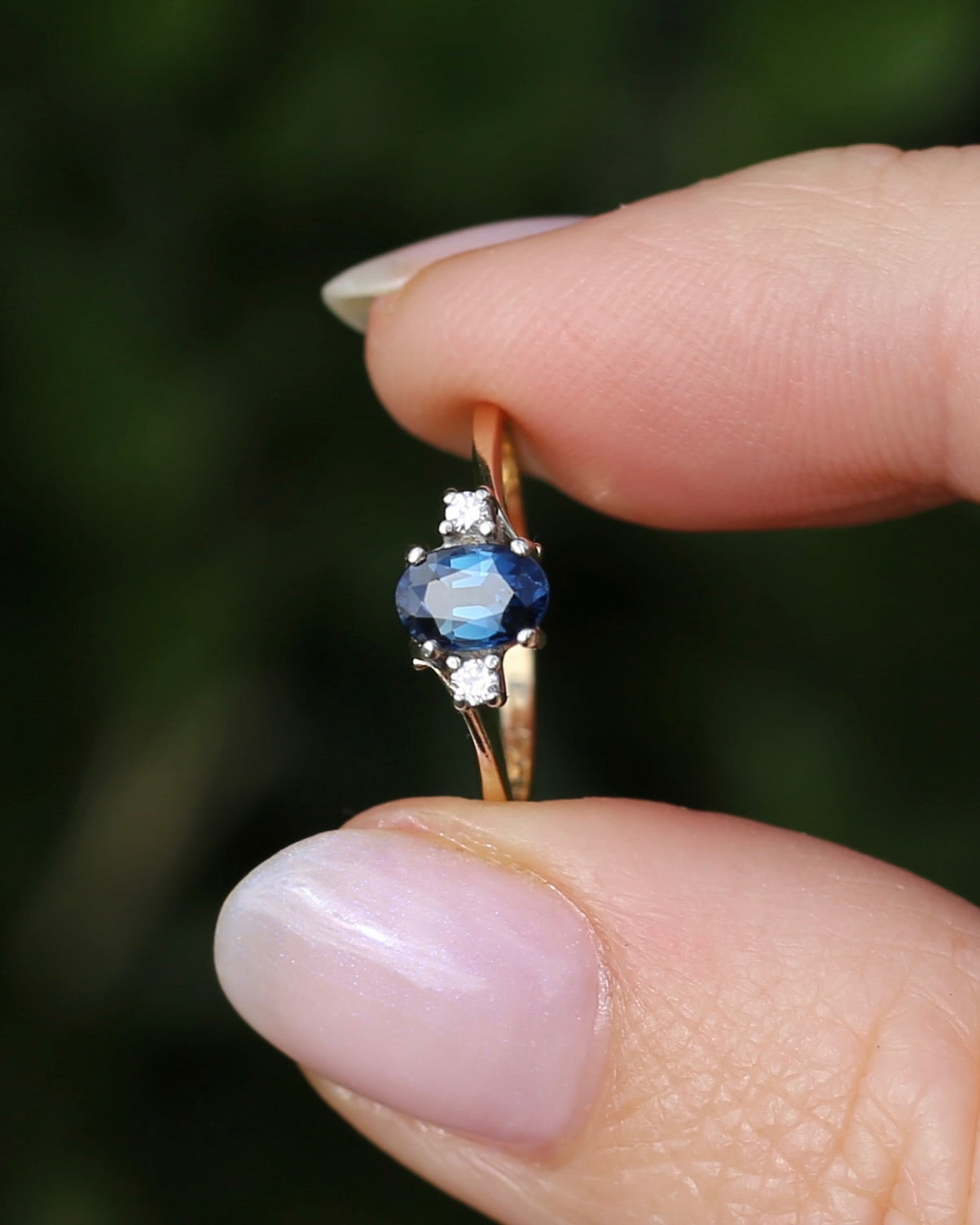 Vintage Natural Sapphire and Diamond Trilogy, 9ct Yellow and White Gold, size J or 4.75