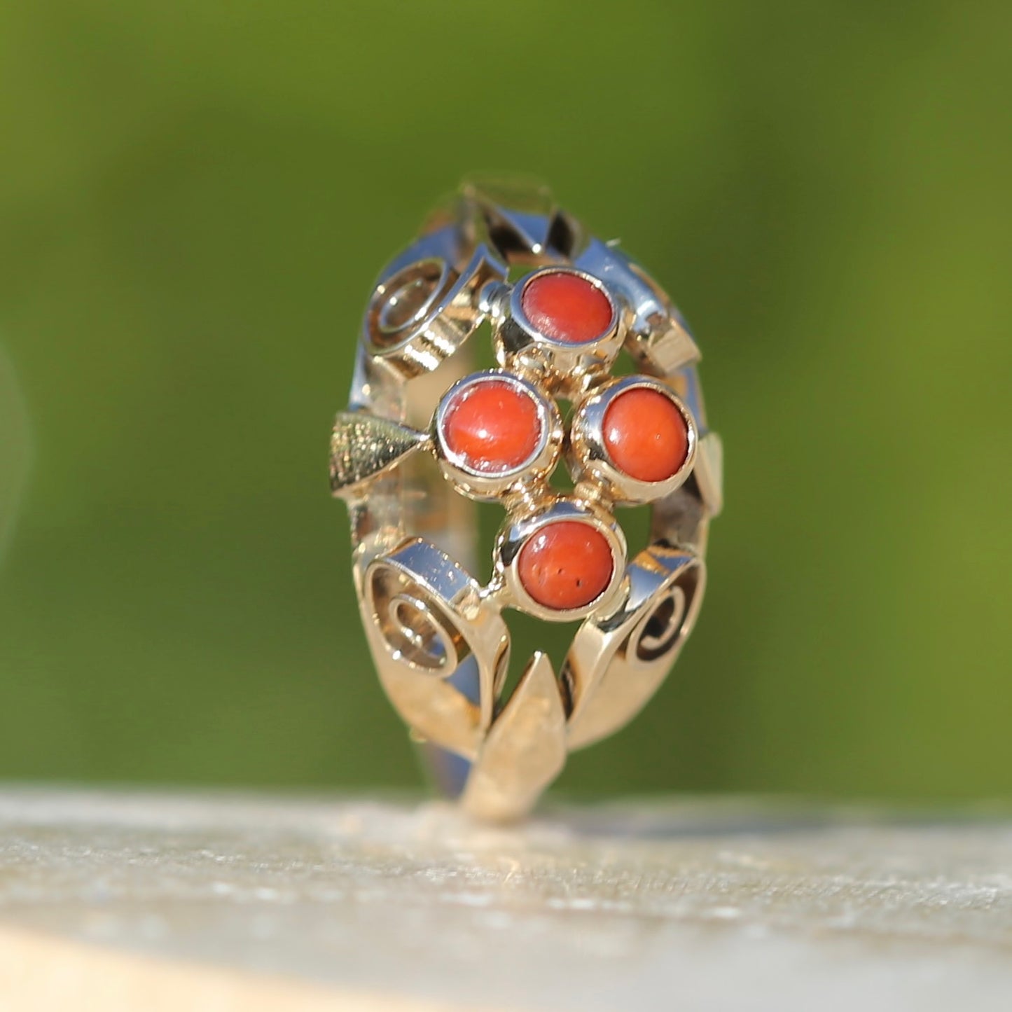 Vintage Dutch Four Stone Coral Cabochon Filigree Ring, 14ct Yellow Gold, size N1/2 or 7